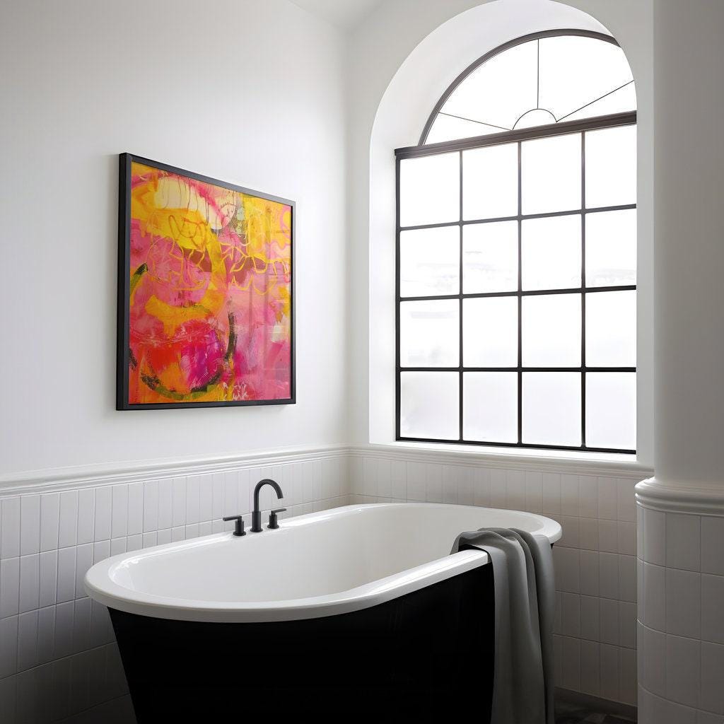 Modern Abstract Painting, Pink and Yellow Bold Brushstrokes (Canvas Print)
