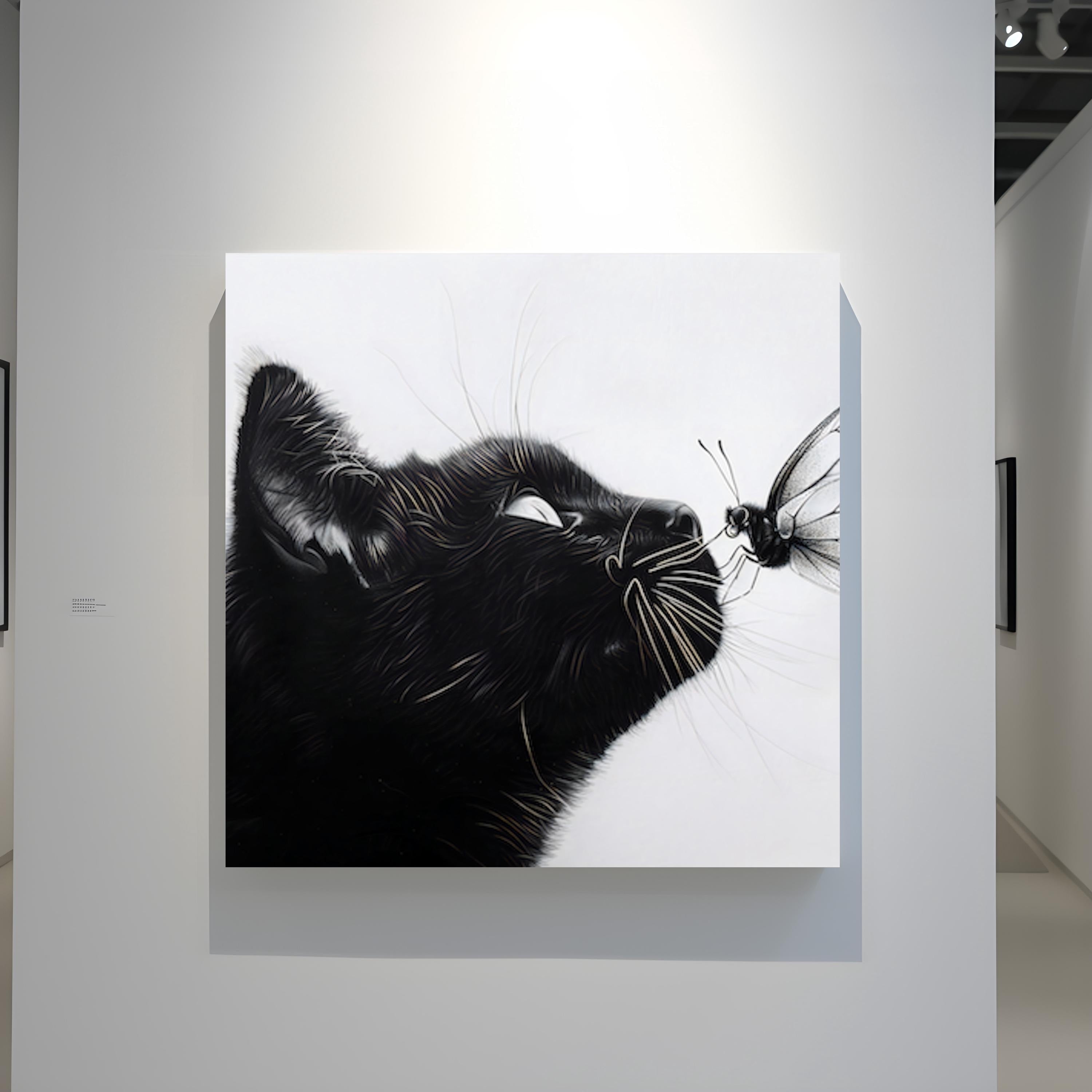 The Gentle Moment: Black Cat and Butterfly Pencil Sketch | Whimsical Monochrome Wall Art