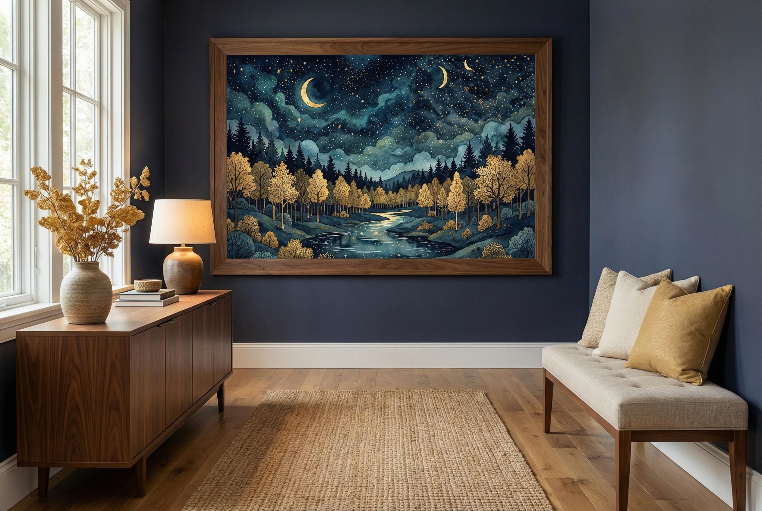 Wall Art Print: Golden Moon and Stars - Blue Abstract Design