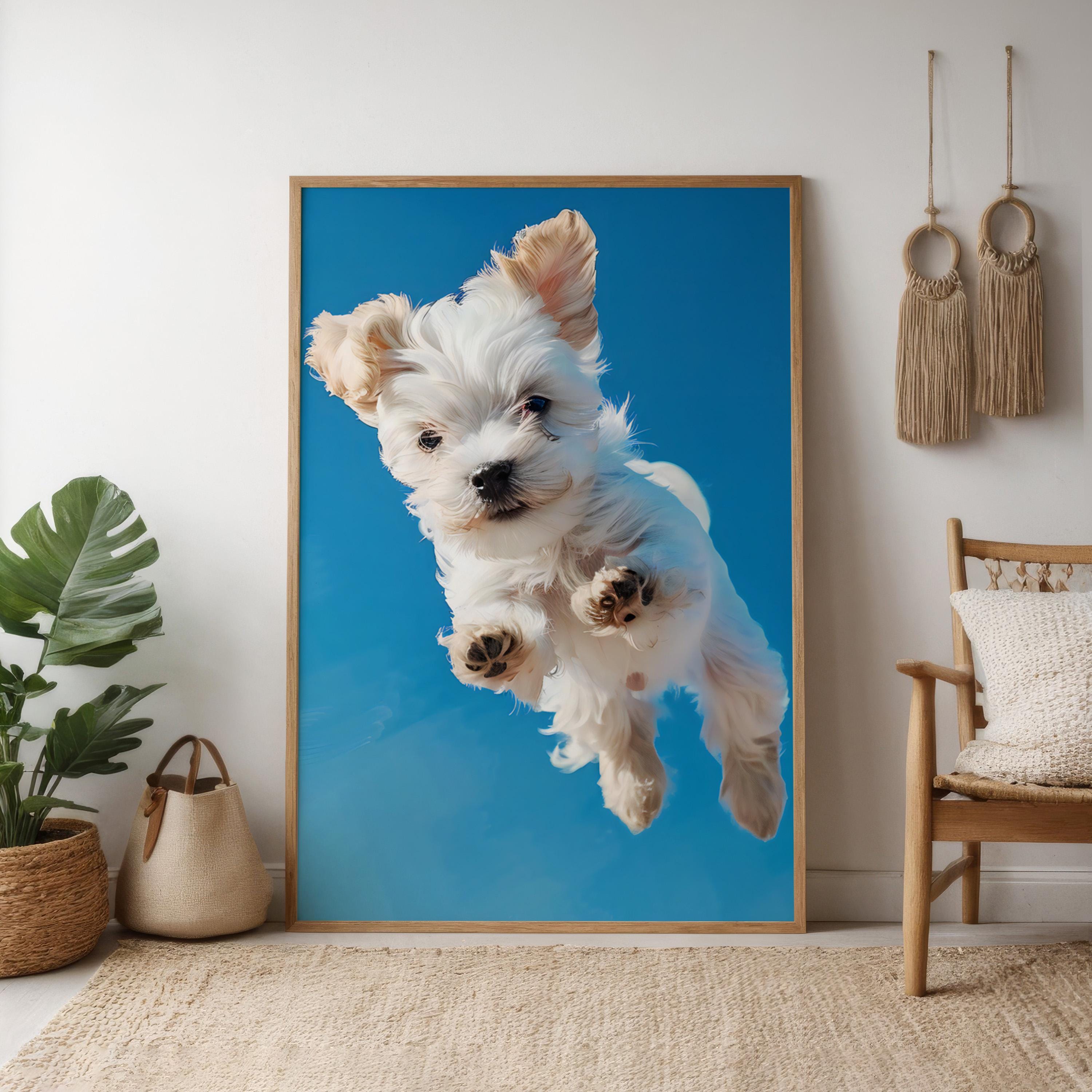 The Leap: Joyful Fluffy White Dog Art Print | Playful & Vibrant Pet Portrait Decor