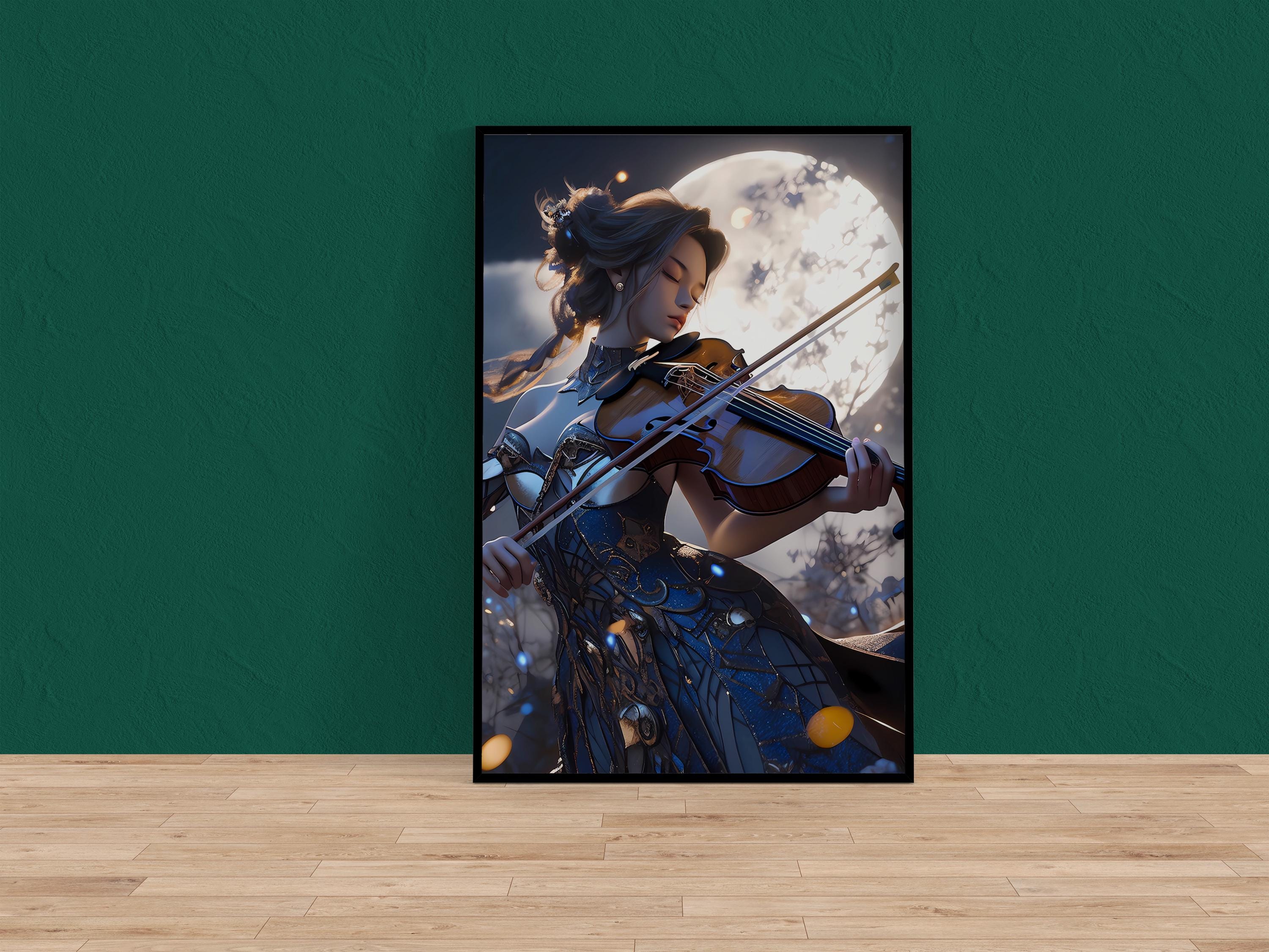Lunar Sonata: Elegant Violinist in Moonlight Art Print | Romantic & Serene Framed Wall Decor