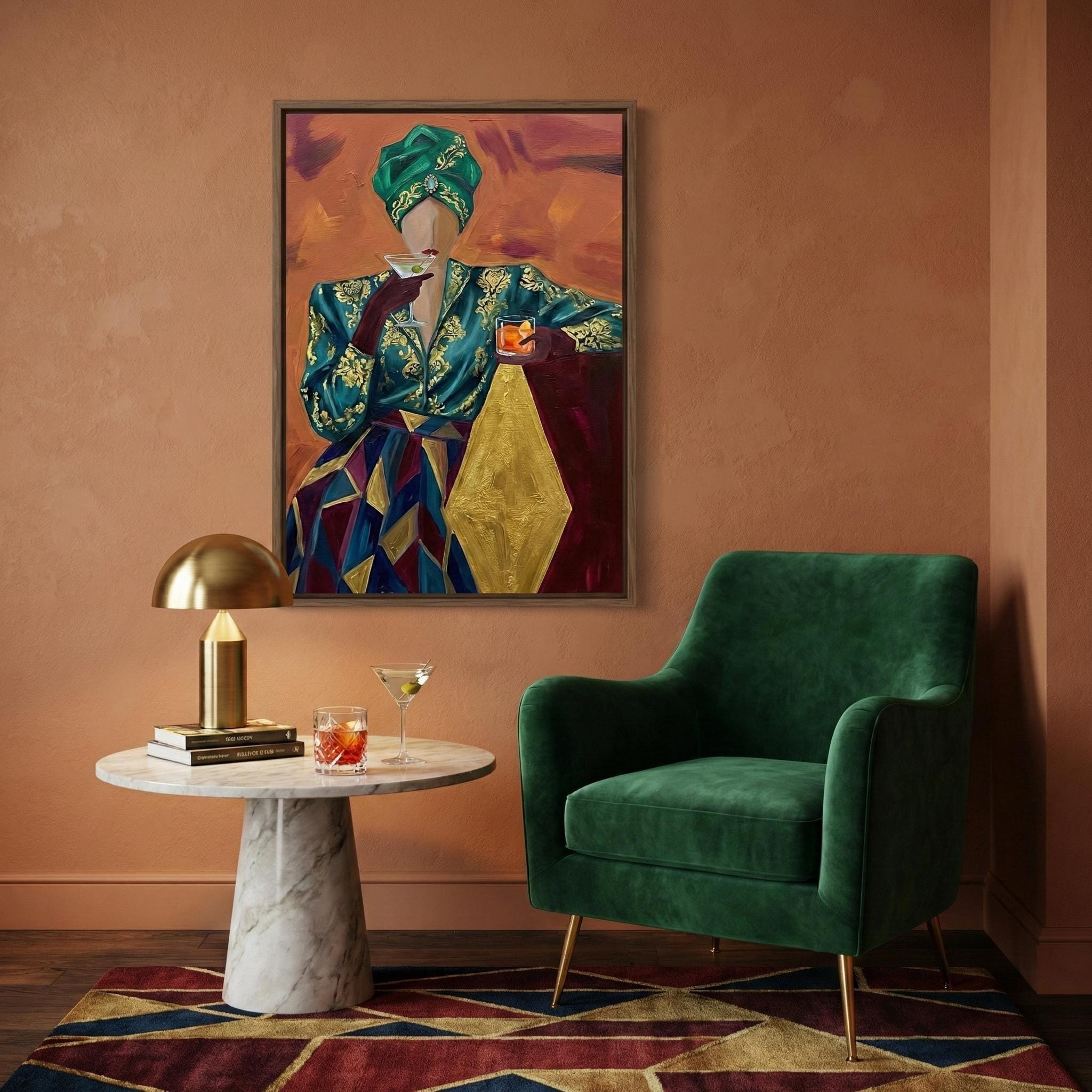 Emerald Turban Cocktail Woman Art - Abstract Vintage Style Print