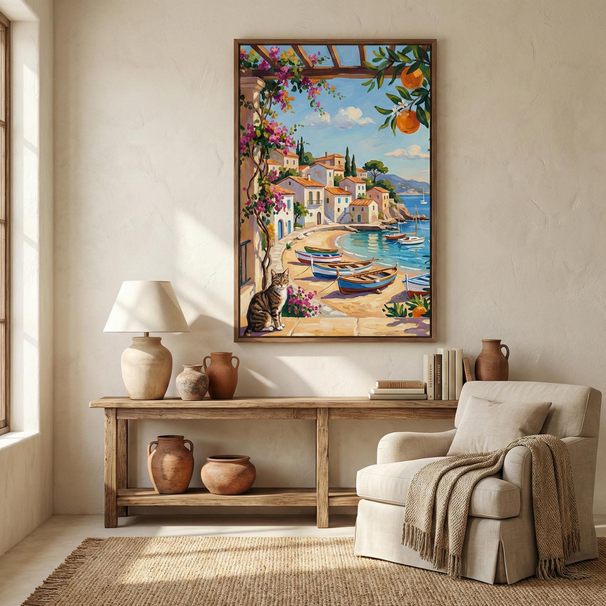 Italian Coastal Wall Art: Mediterranean View with Cat - Vibrant Colors