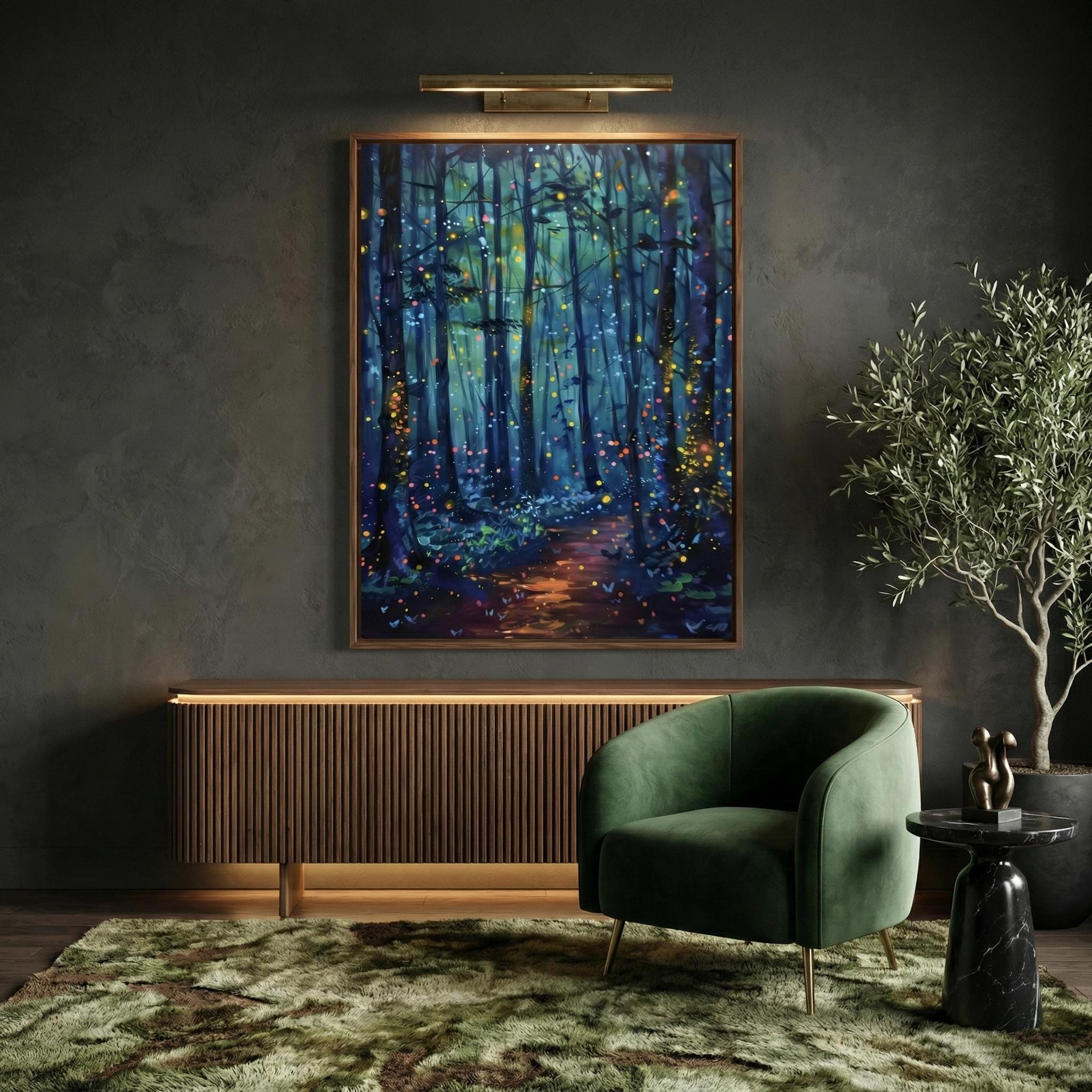 Enchanted Forest Wall Art: Glowing Fireflies, Night Path