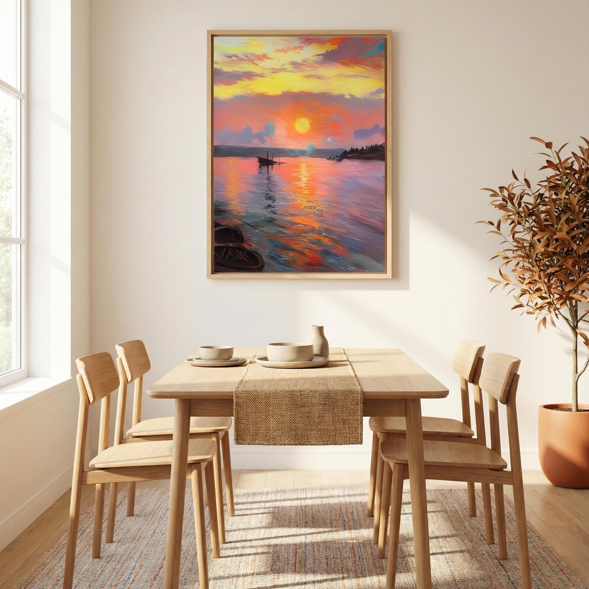 Impressionist Sunset Canvas, Minimalist Lake View (Multiple Sizes)