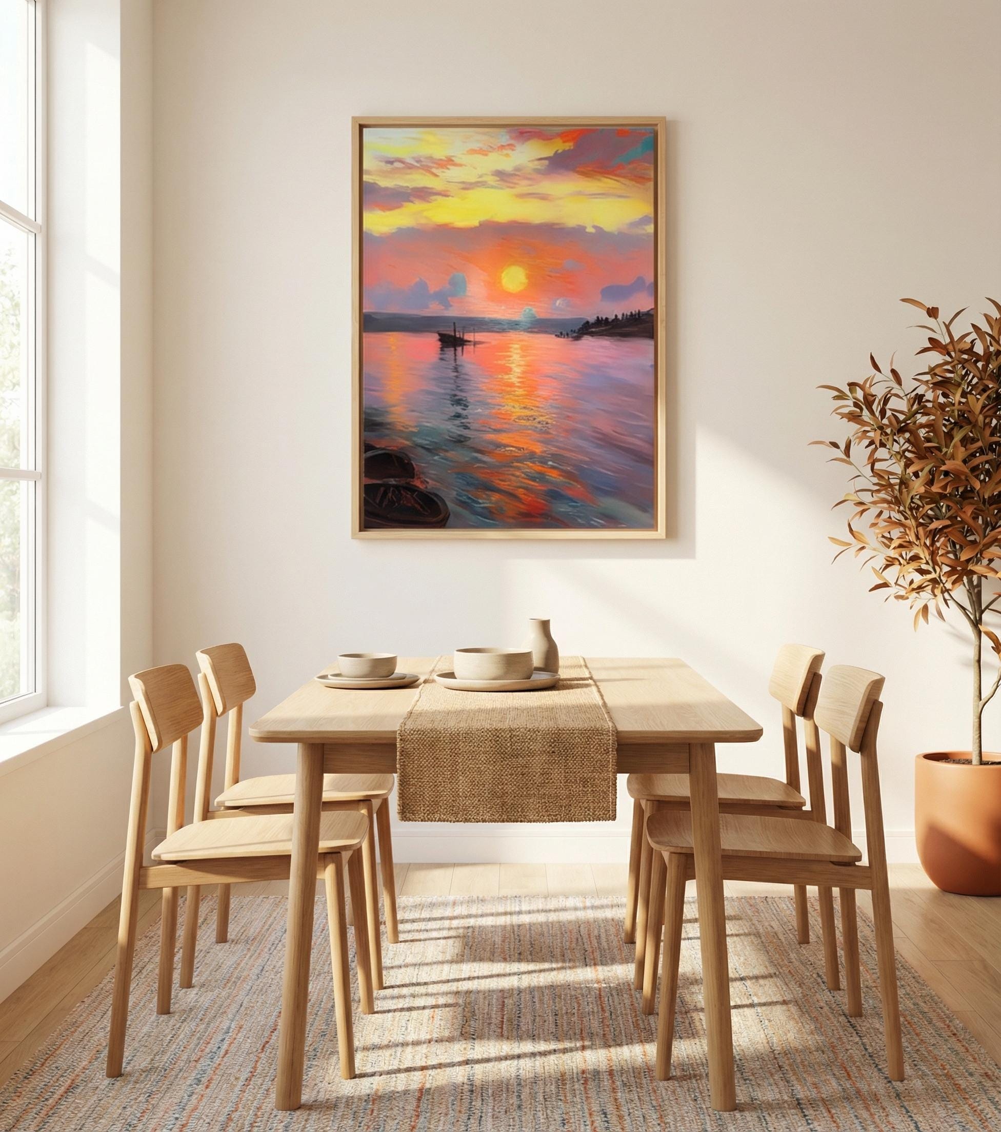 Impressionist Sunset Canvas, Minimalist Lake View (Multiple Sizes)