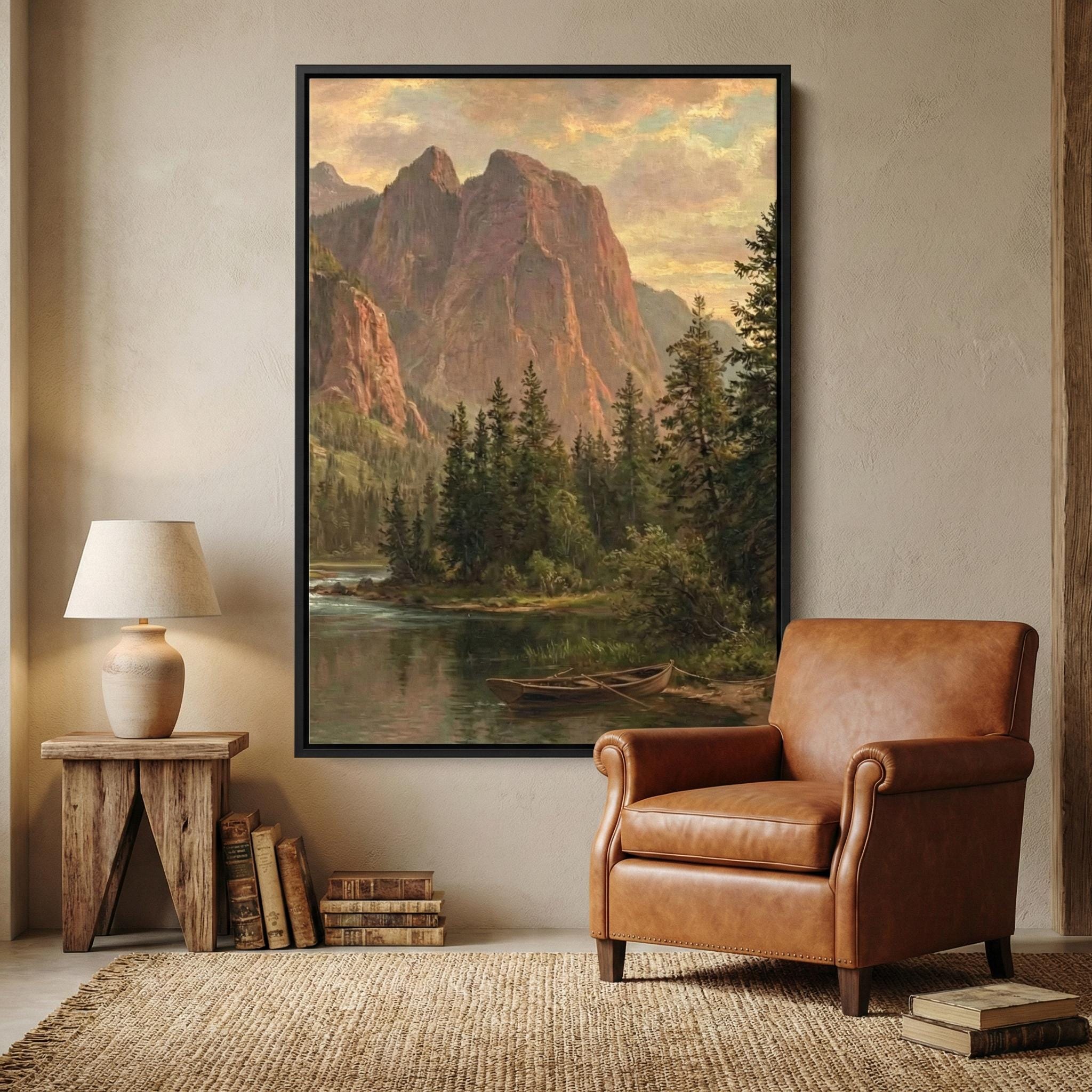 Vintage Mountain Lake Art: Rustic Cabin Landscape in Warm Earth Tones