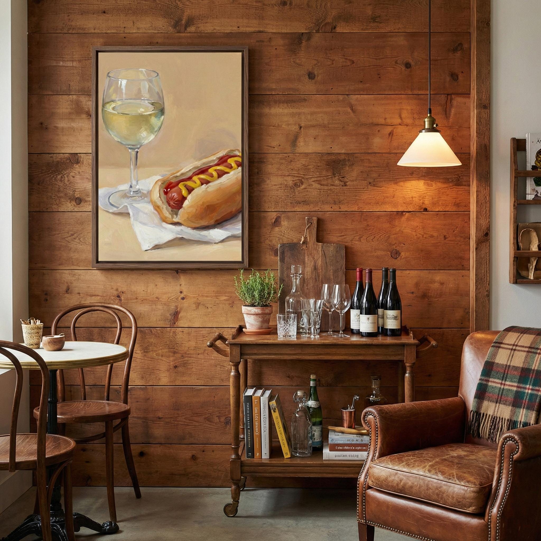 Hot Dog and Wine Wall Art: Funny Food Painting - Kitchen Decor