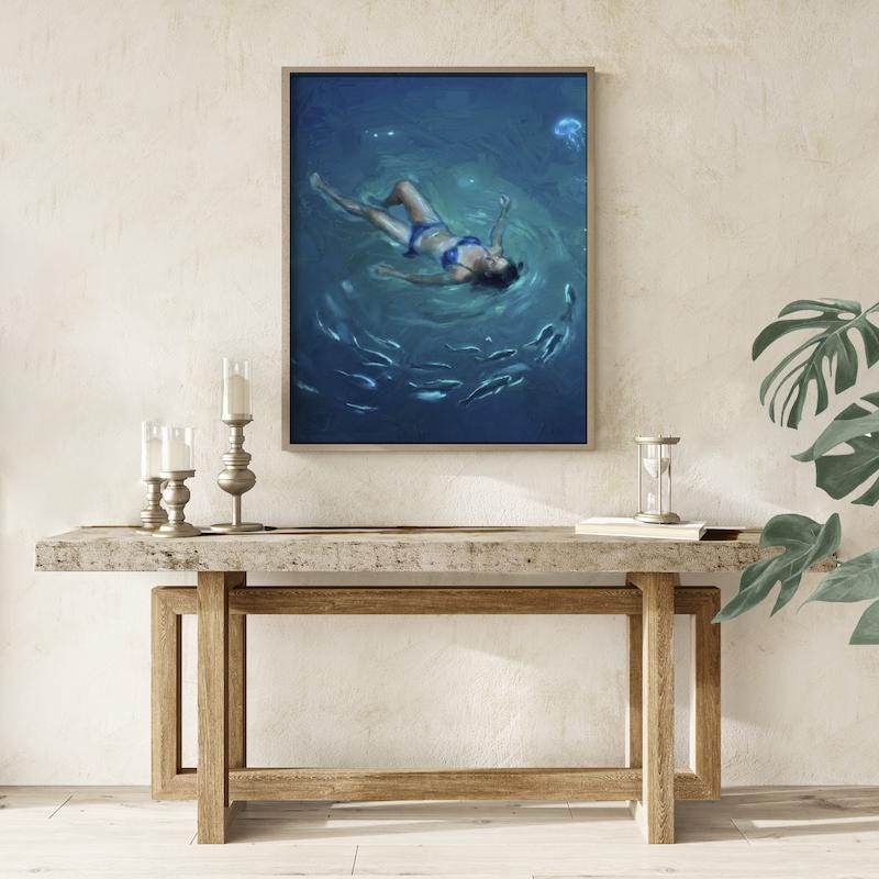 Night Swim Wall Art: Glowing Jellyfish - Moody Ocean Scene