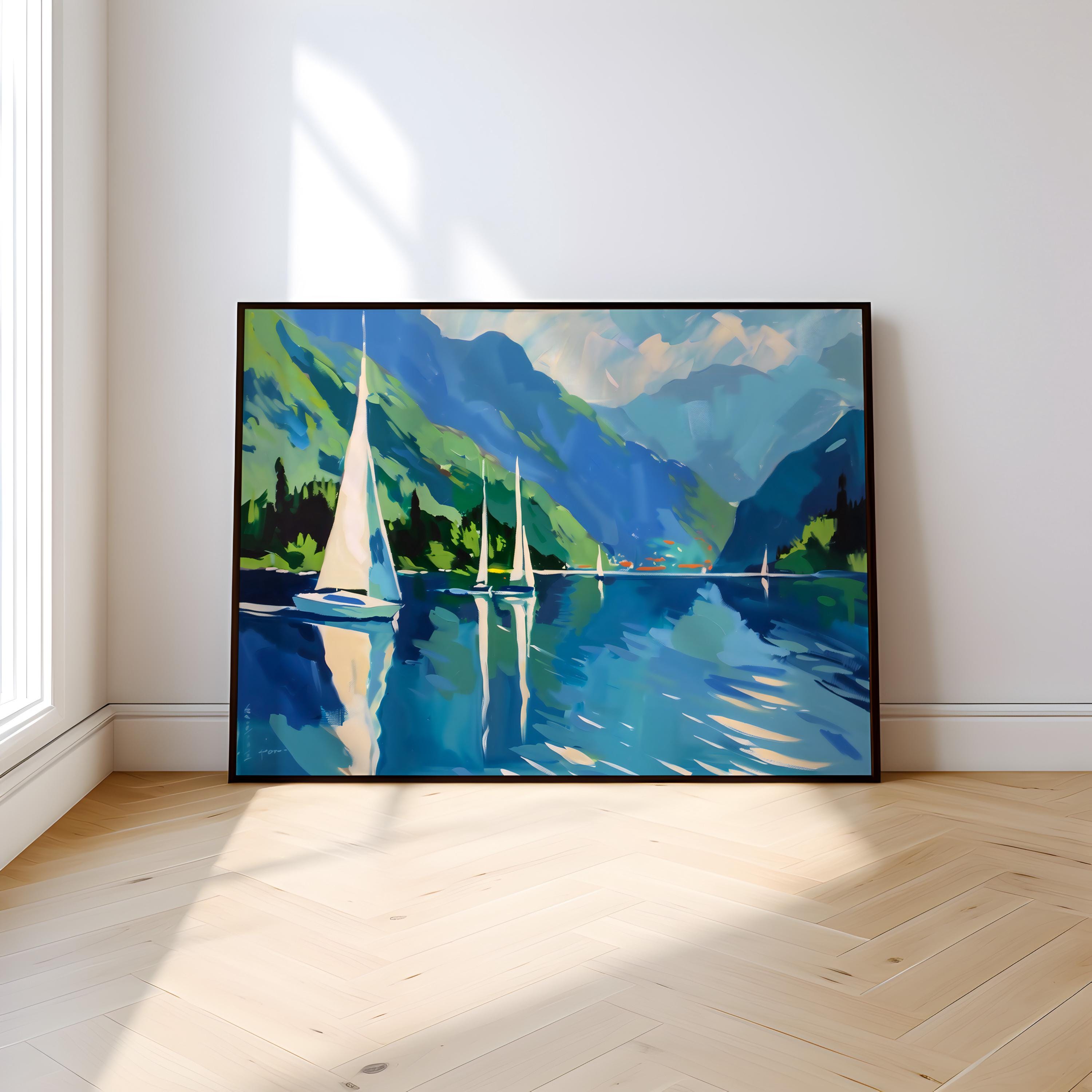 Mountain Lake Serenity: Tranquil Sailboat Canvas Art | Picturesque Blue & Green Landscape Decor