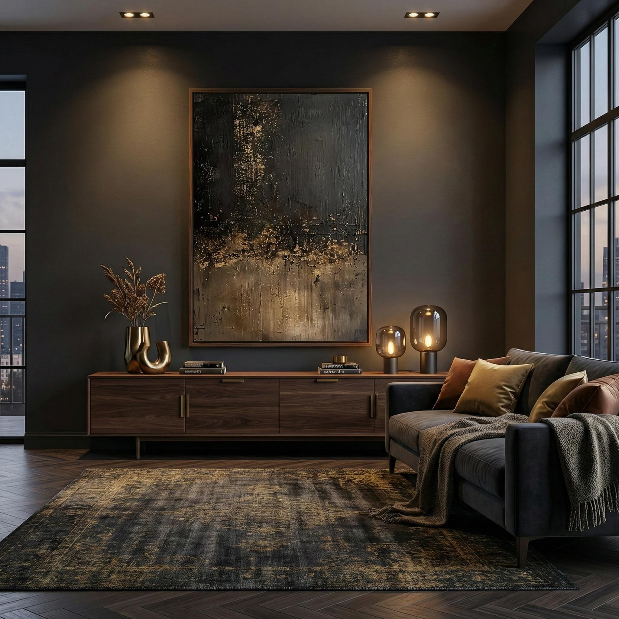 Abstract Wall Art: Black, Gold, Brown Minimalist Canvas (Living Room Decor)