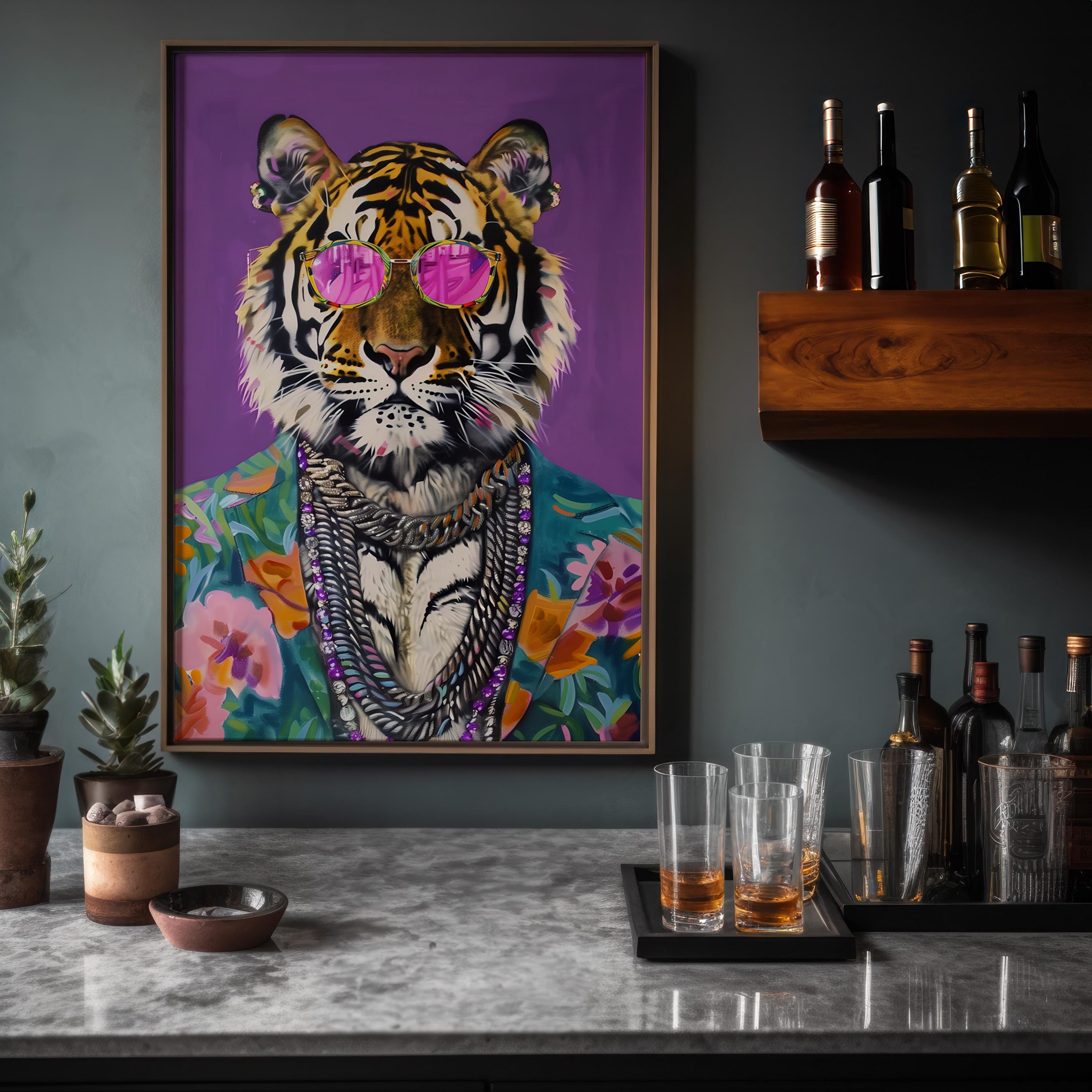 The Fashionista: Chic Tiger in Pink Sunglasses Art | Vibrant & Modern Animal Print Decor