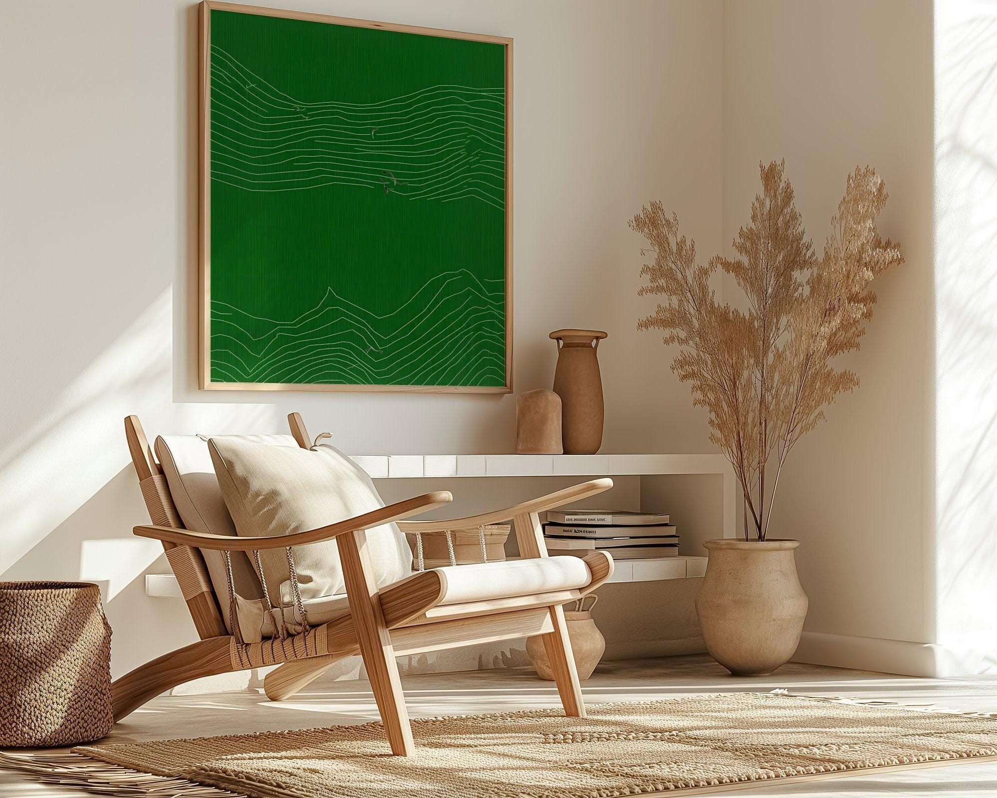 Zen Inspired Canvas Art, Minimalist Green Line Drawing (Ready to Hang)