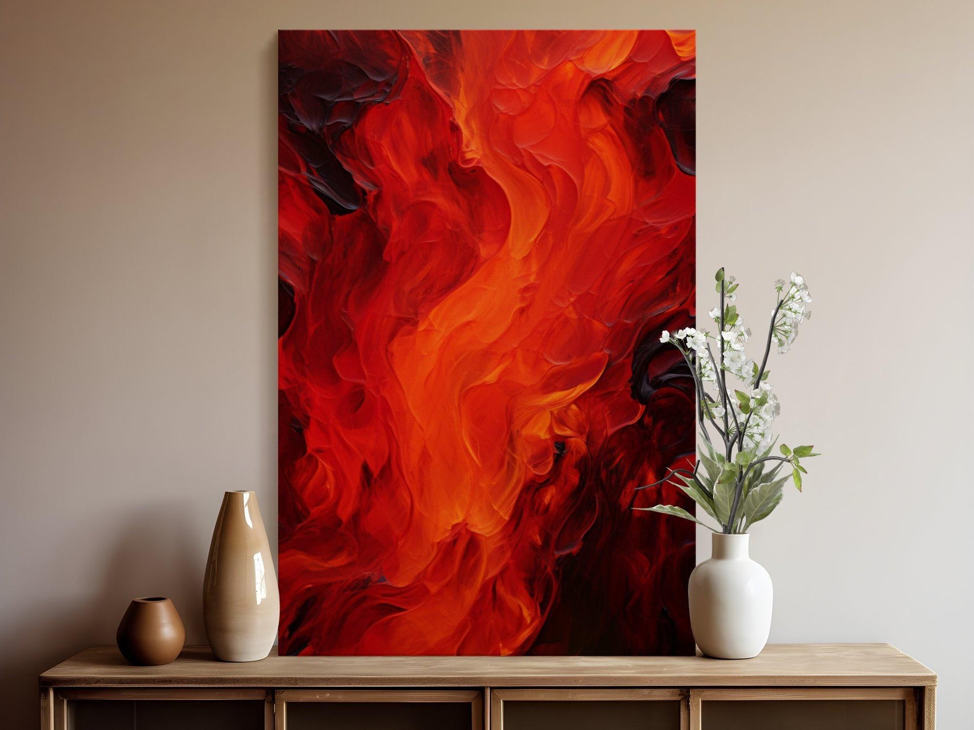 The Hearth Fire: Abstract Flame Painting in Red | Modern Farmhouse & Minimalist Wall Art