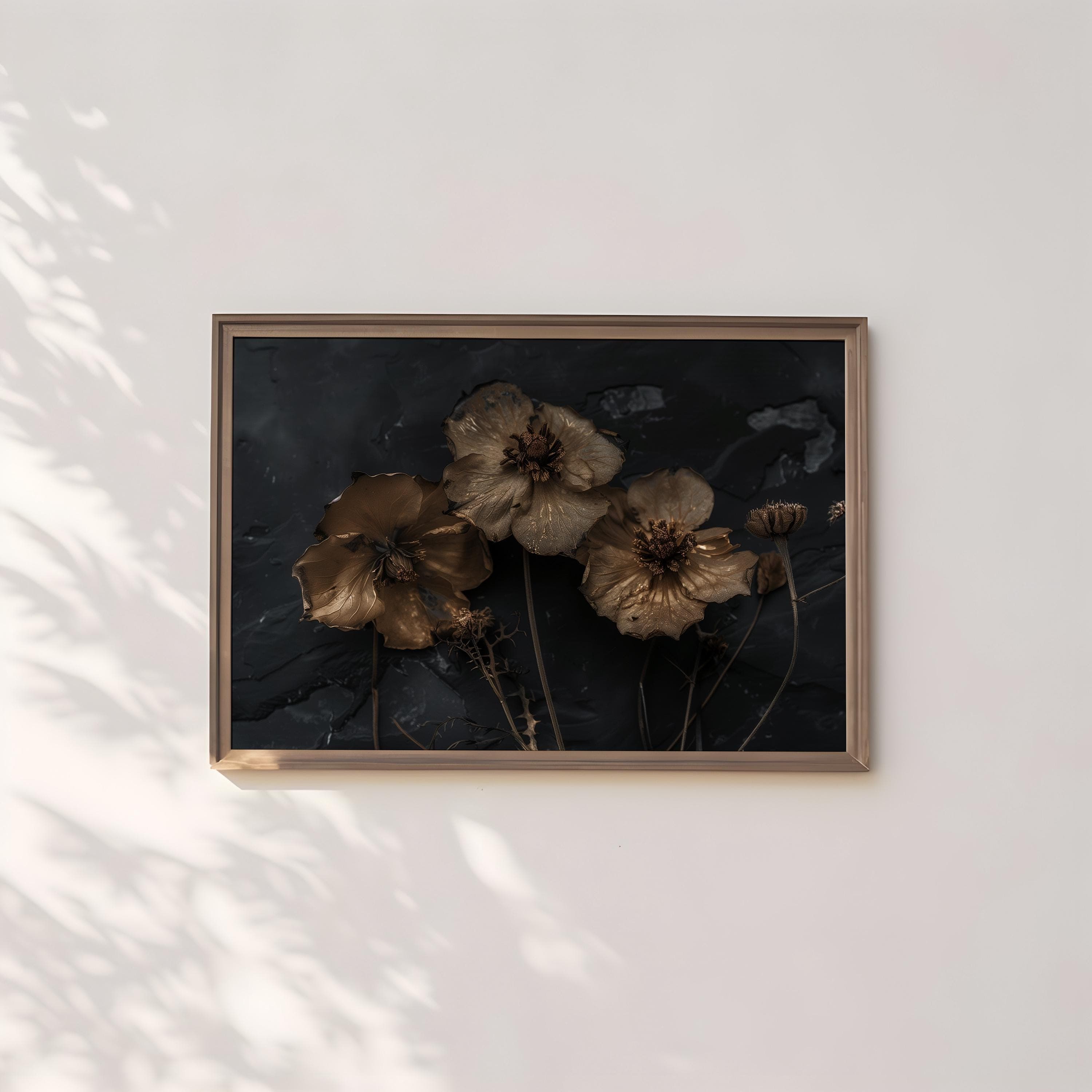 Dark Botanical Prints Set - Moody Wildflowers, Vintage Rustic Style