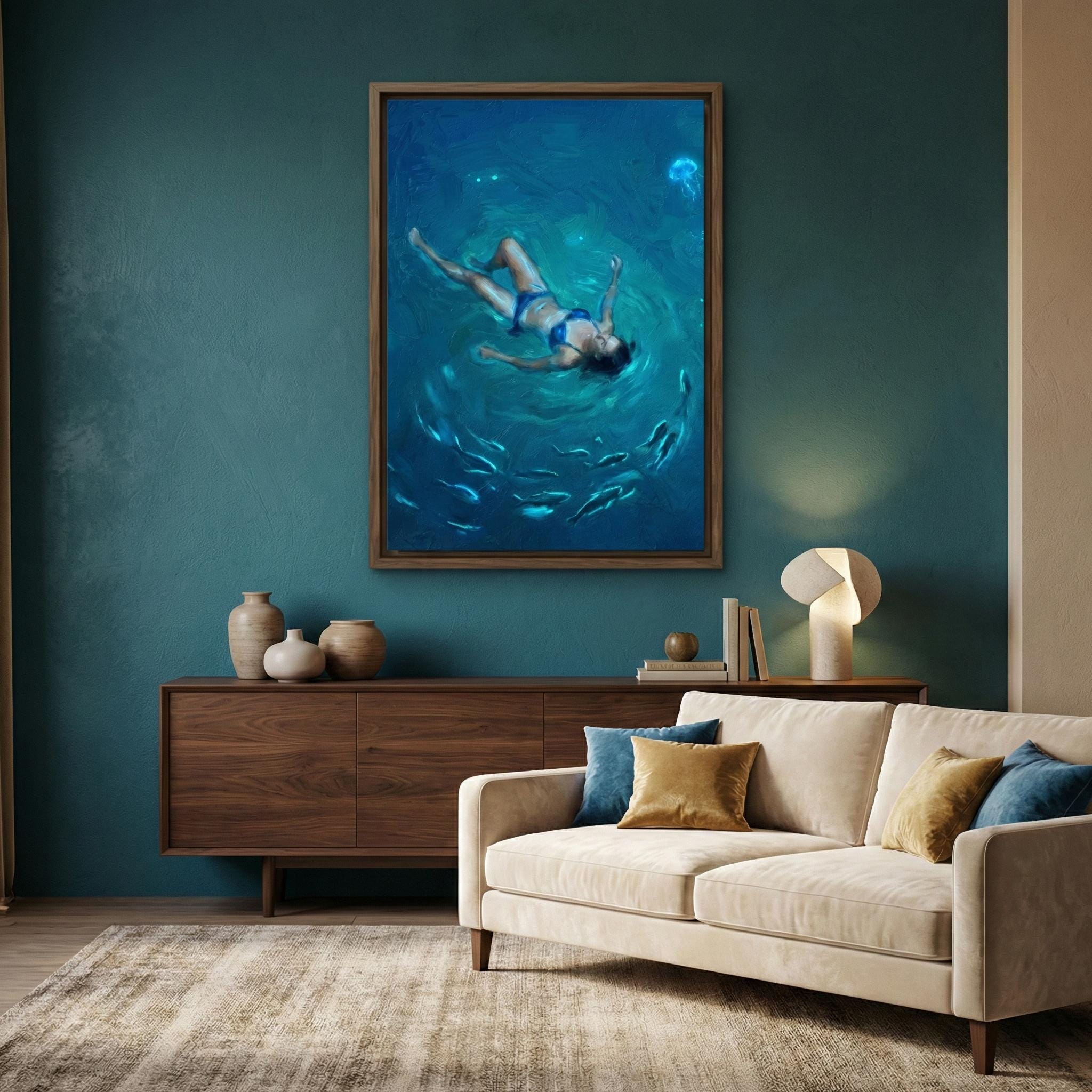 Night Swim Wall Art: Glowing Jellyfish - Moody Ocean Scene