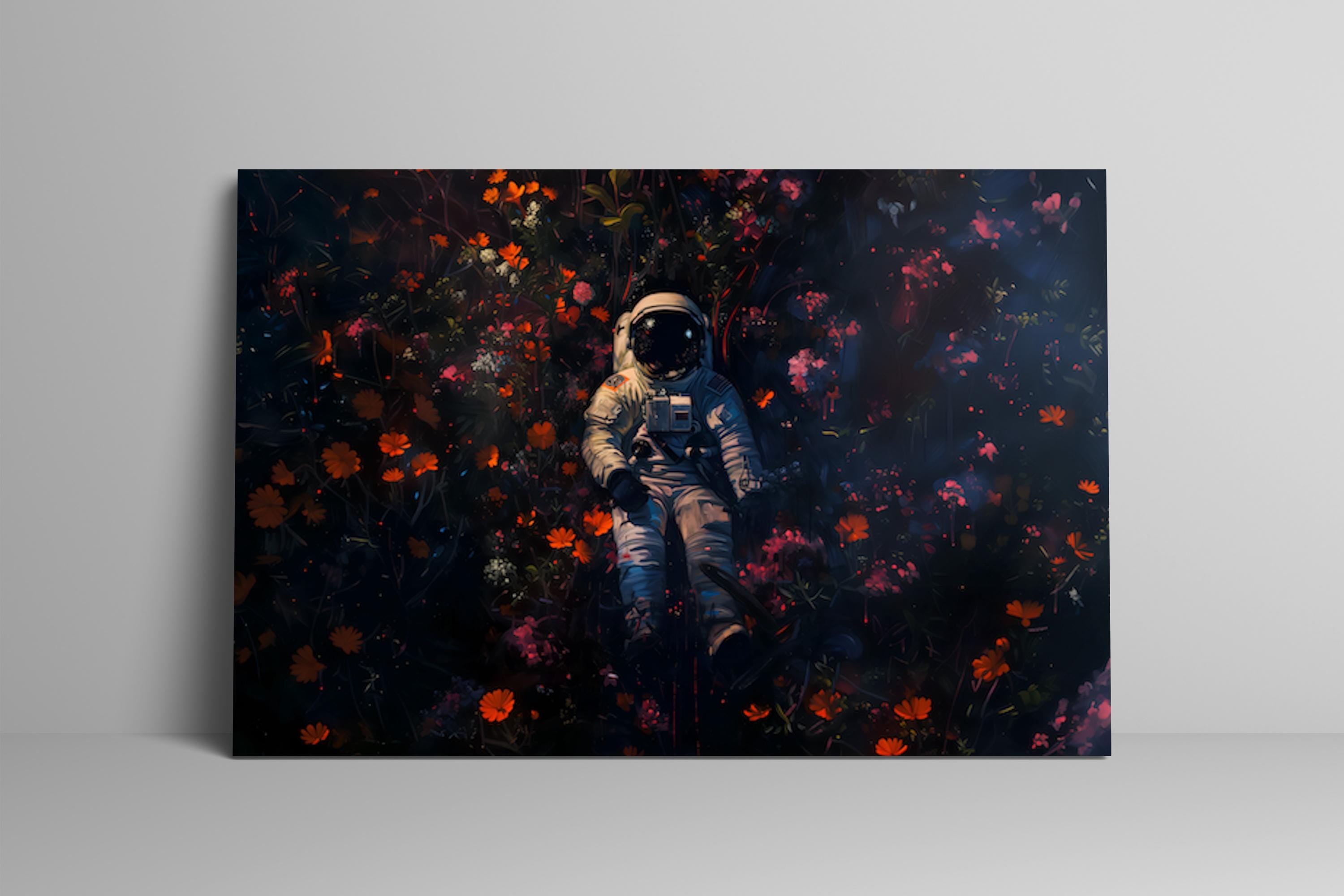 Floral Cosmos: Surreal Astronaut & Flowers Art | Whimsical Space and Nature Decor