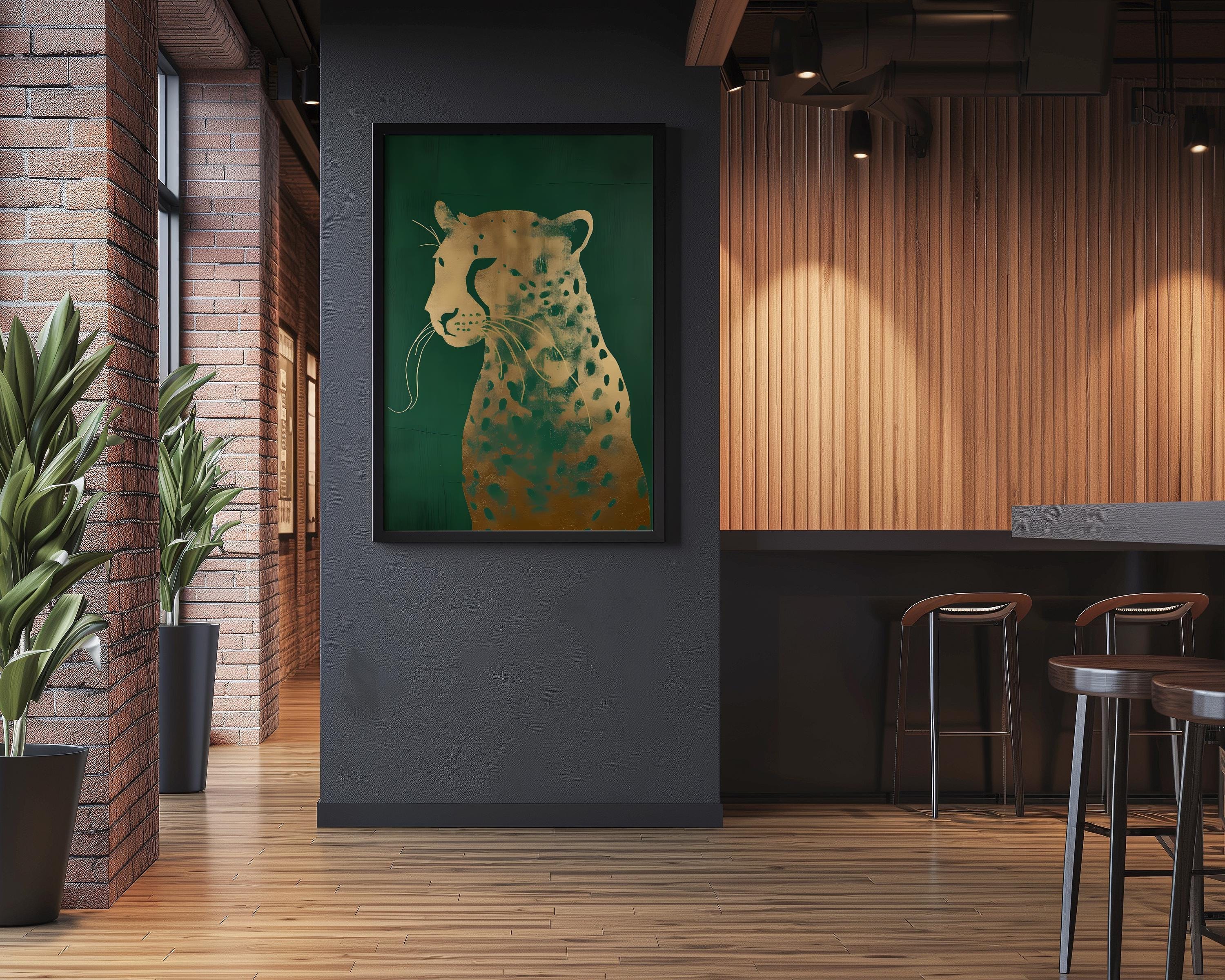 Emerald Green Leopard Canvas, Gold Accents (Ready to Hang)