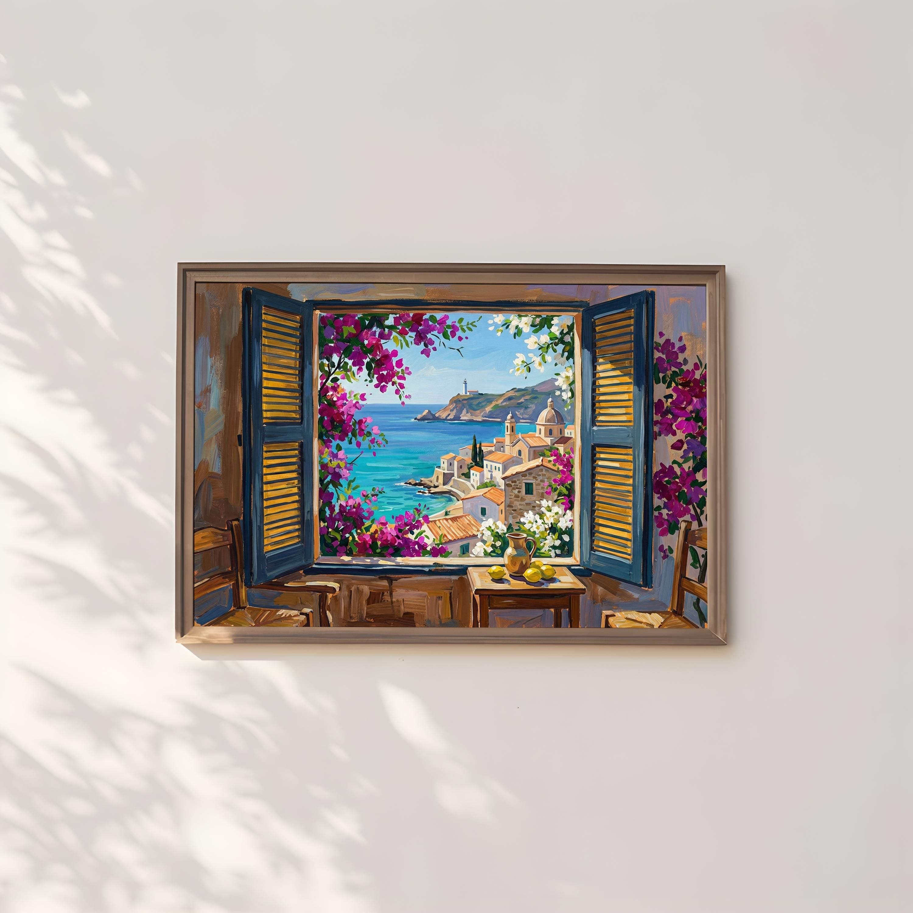 Mediterranean Coastal Art: Blue Shutters and Sea View (Canvas or Paper)