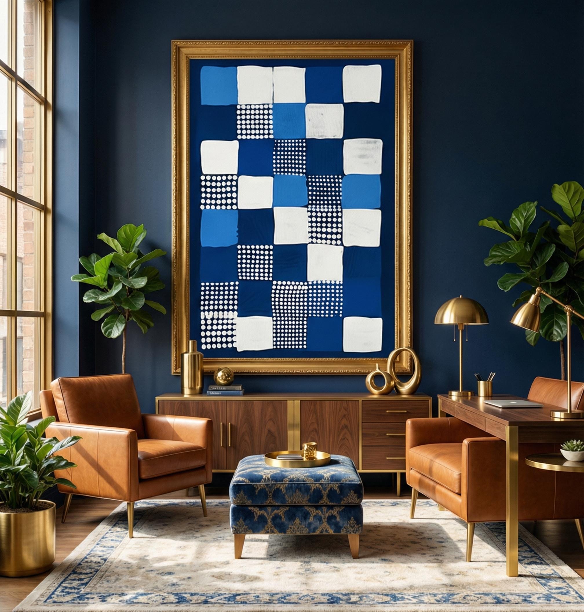 Modern Geometric Canvas Art, Persian Blue and White (Multiple Sizes)