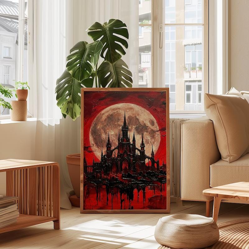 Castle Wall Art: Blood Moon Scene - Gothic Dark Fantasy Decor