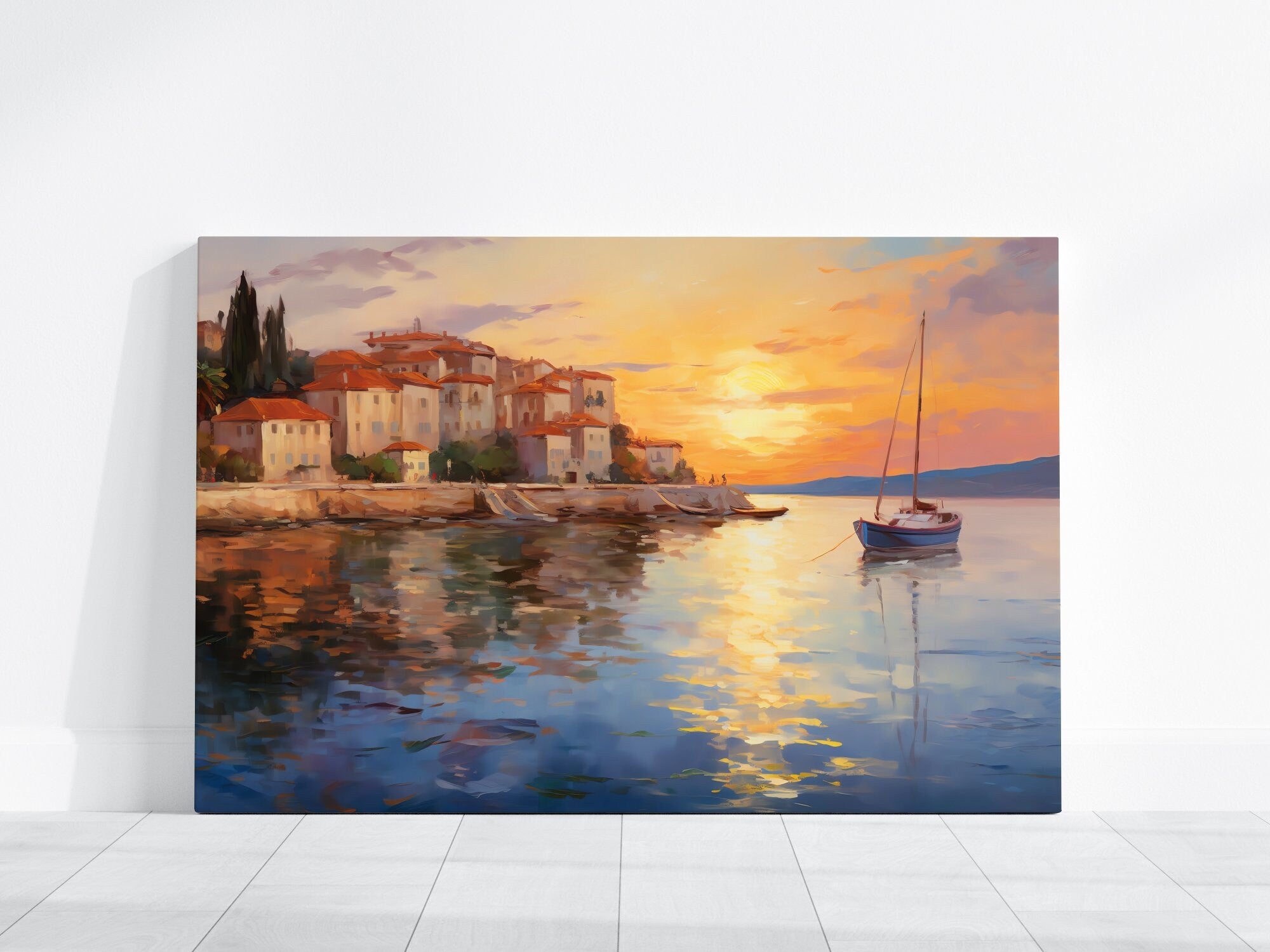 Sunset Harbor: Impressionist Italian Seaside Village Art | Vibrant Mediterranean Decor