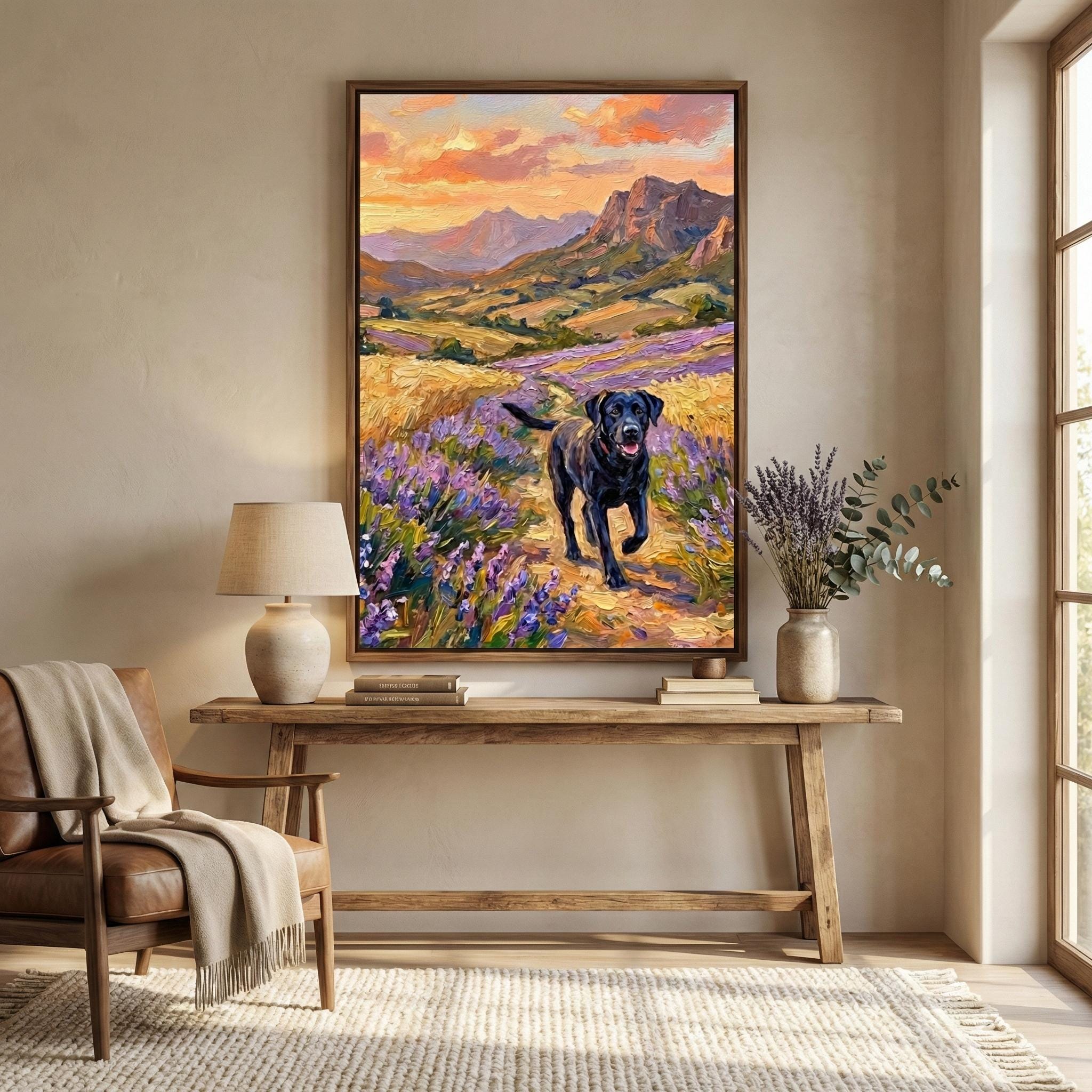 Black Labrador Canvas Art, Lavender & Wheat Field Landscape (Ready to Hang)