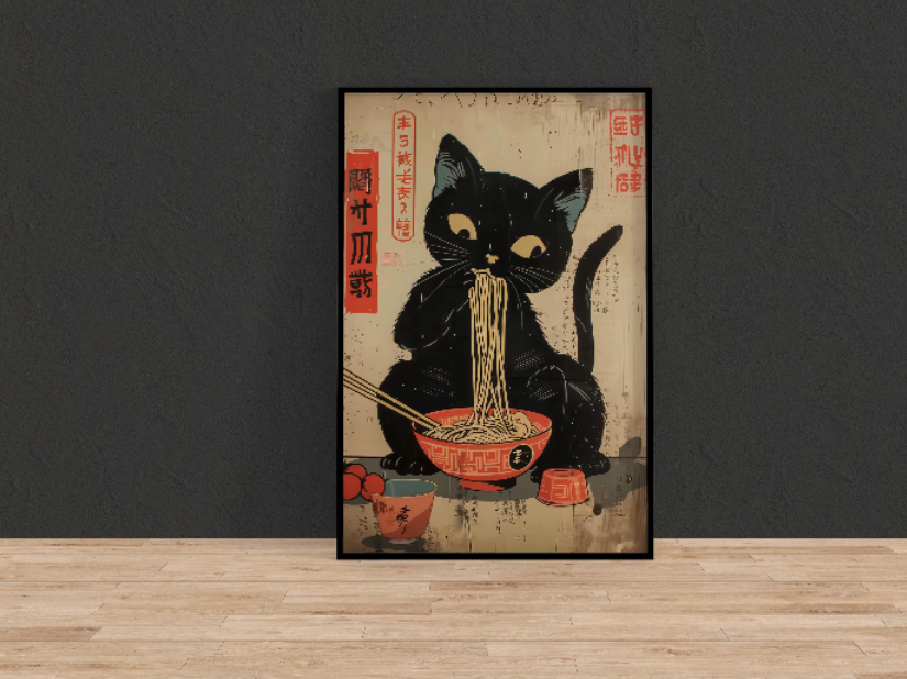 A framed illustration of a black cat sitting in a bowl of noodles, with chopsticks and other food items in the background.