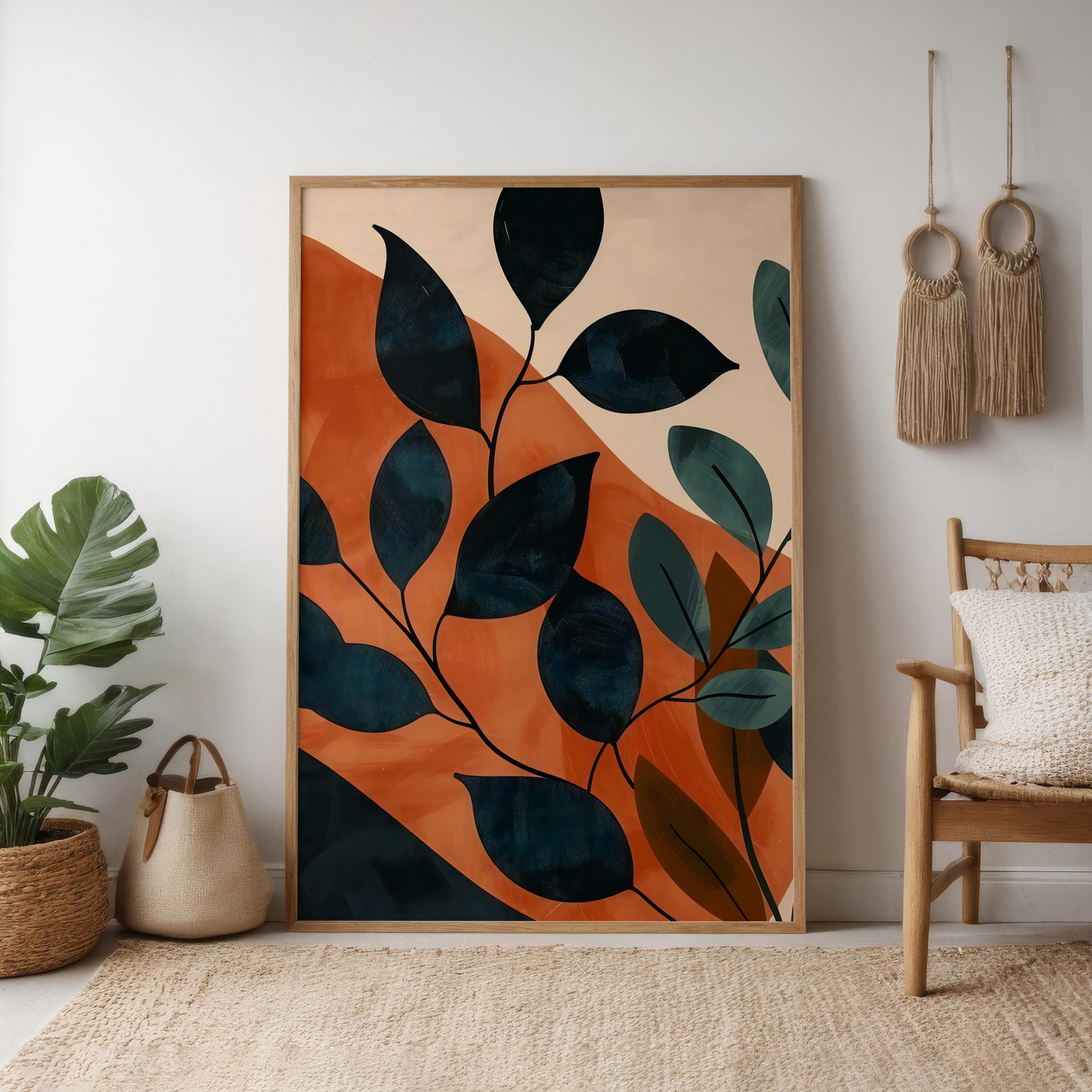 Sunset Leaves: Modern Botanical Abstract Art | Warm Orange & Green Wall Decor