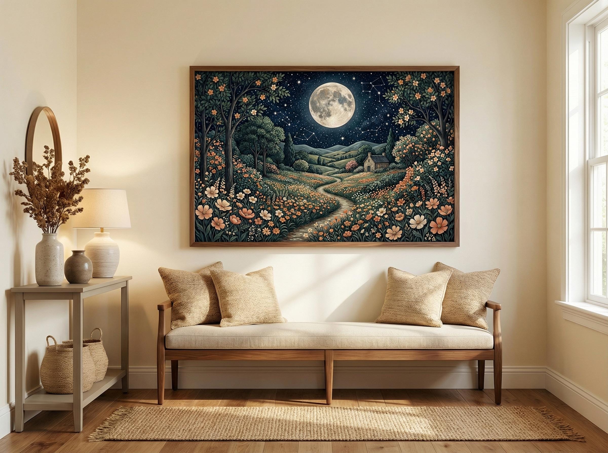 Moon and Flower Trail Art Print (Matte, Canvas, Framed Choices)