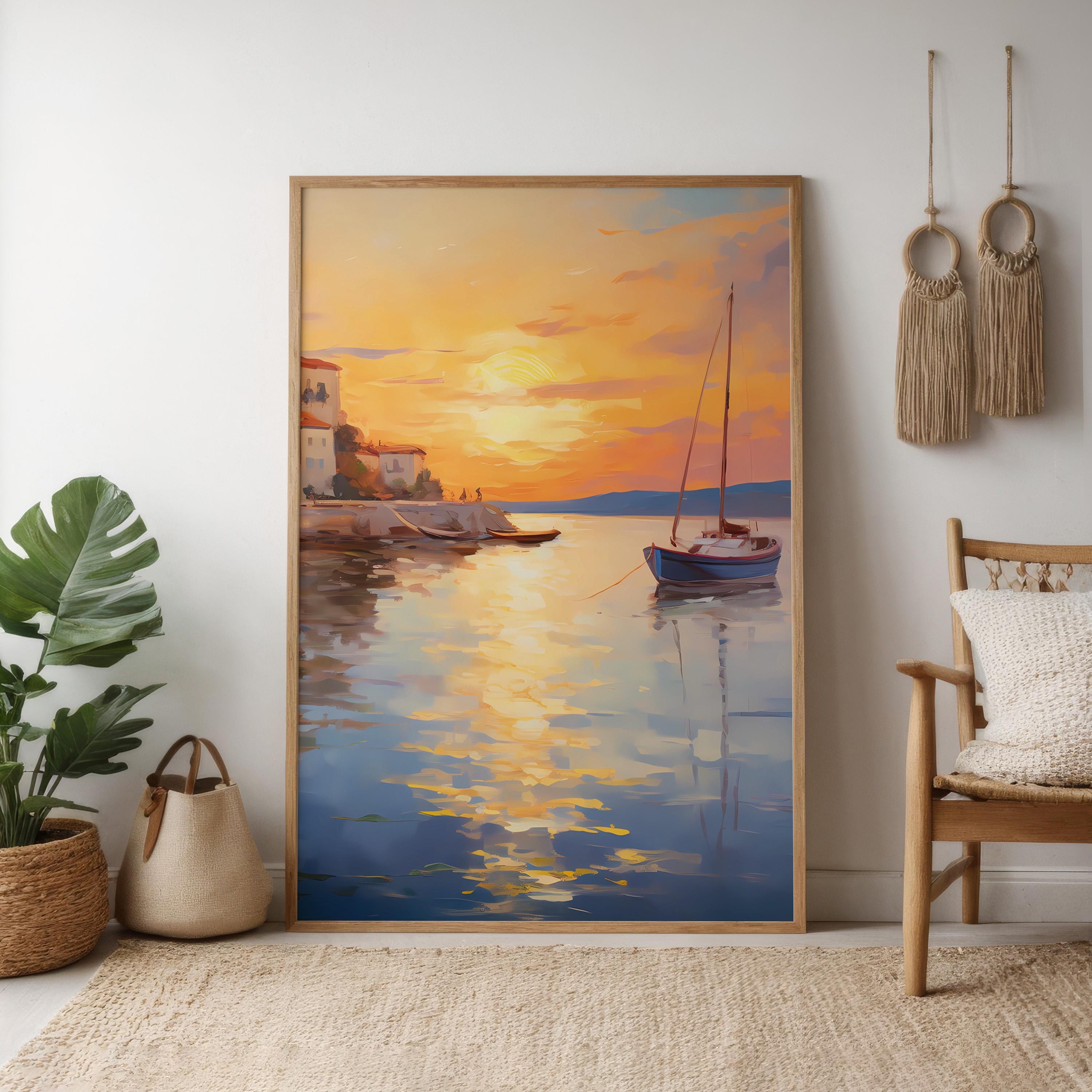 Sunset Harbor: Impressionist Italian Seaside Village Art | Vibrant Mediterranean Decor
