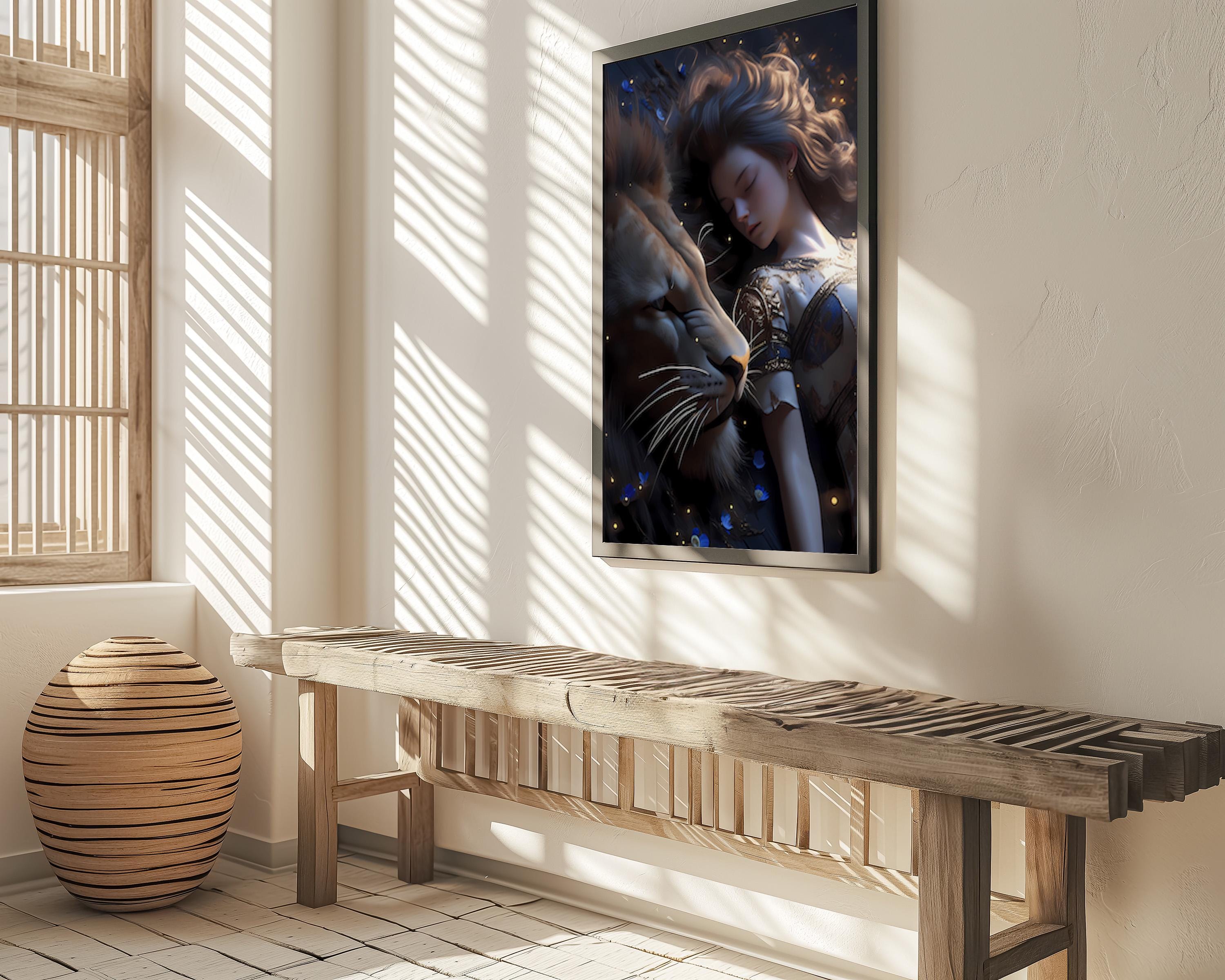 The Moonlit Guardian: Surreal Lion and Woman Art | Mystical & Serene Dreamscape Decor