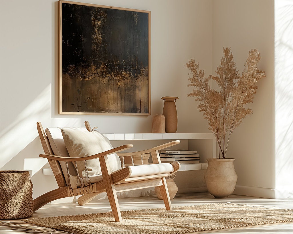 Abstract Wall Art: Black, Gold, Brown Minimalist Canvas (Living Room Decor)