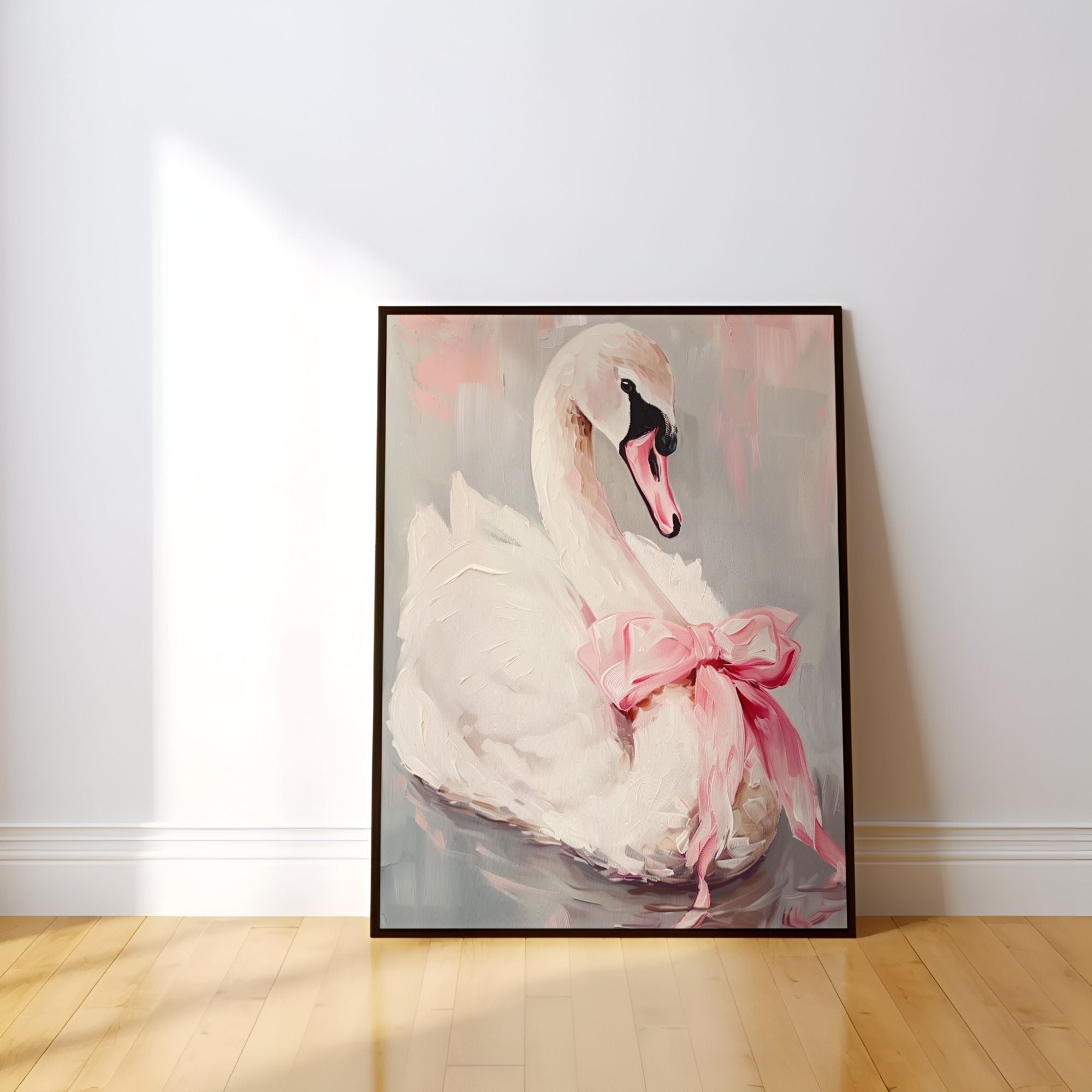 Ballerina Swan Art Print: Elegant Pink Bow, Soft Pastel Wall Decor