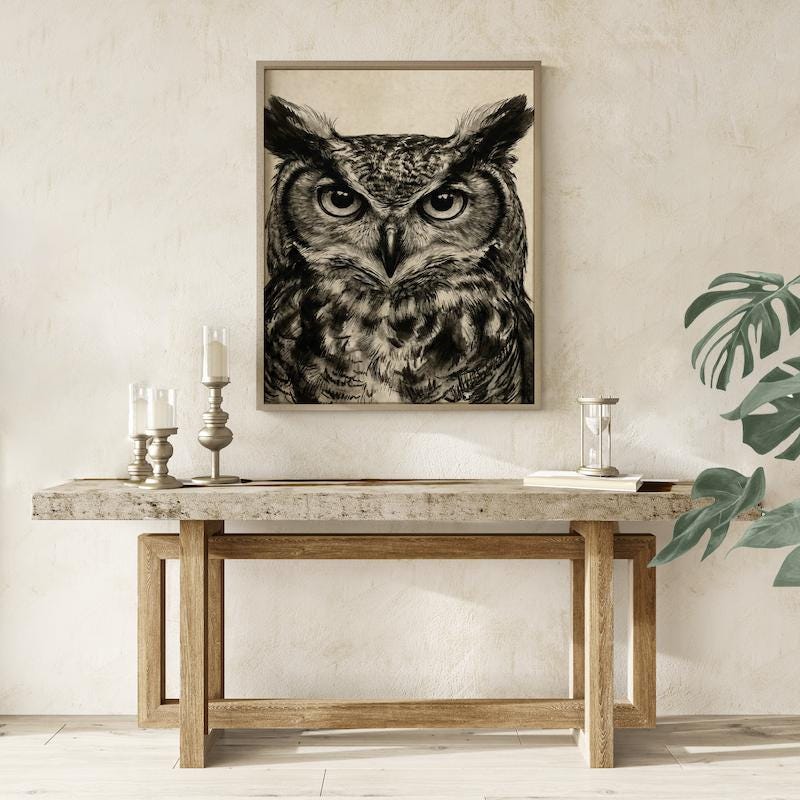 Great Horned Owl Wall Art: Rustic Charcoal Sketch - Nature Inspired
