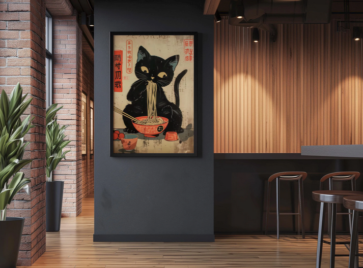 a black cat sitting in a bowl of noodles, surrounded by various objects, including a bowl, a plate, and a pair of chopsticks.