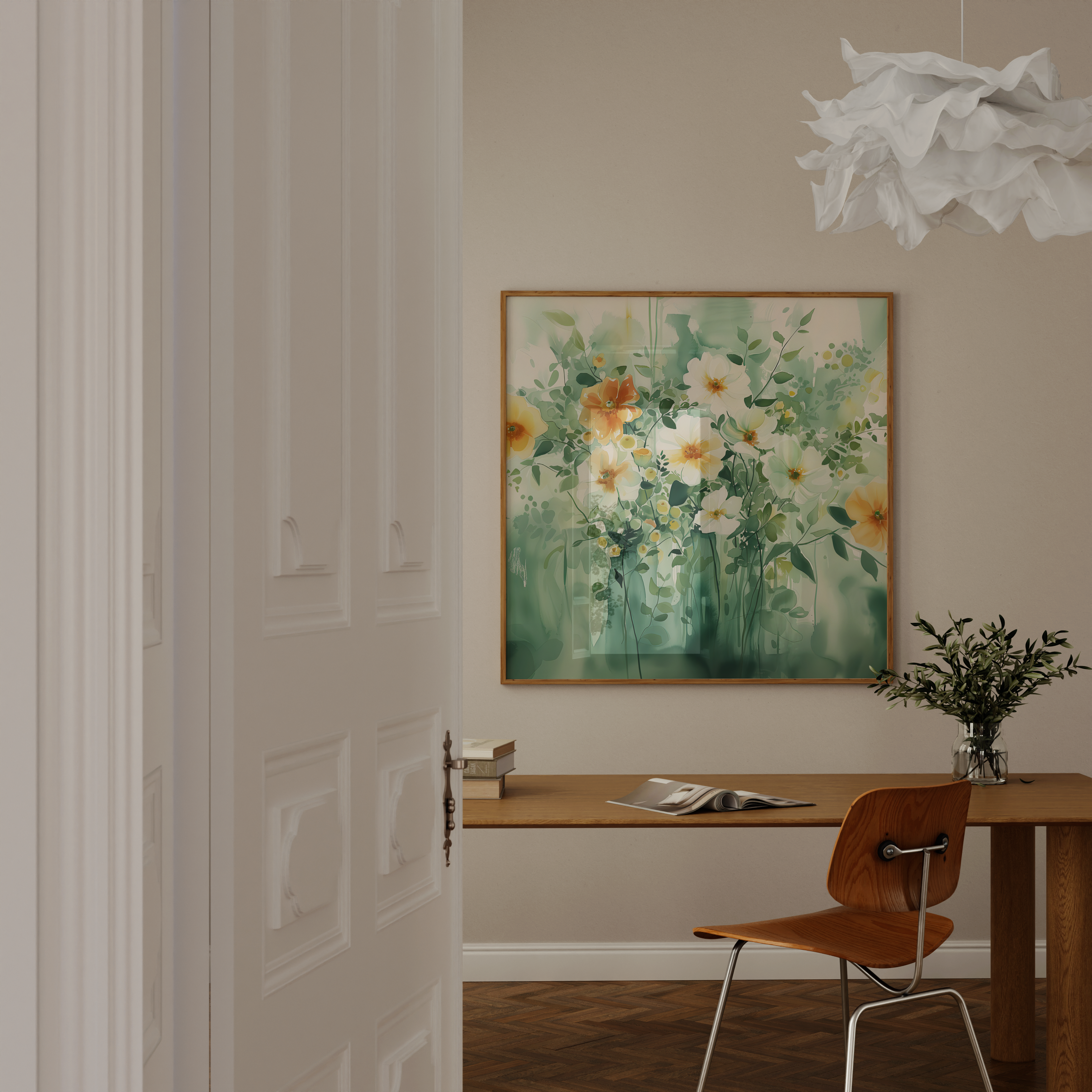 Verdant Bloom: Green & White Abstract Floral Watercolor | Serene & Elegant Botanical Wall Art