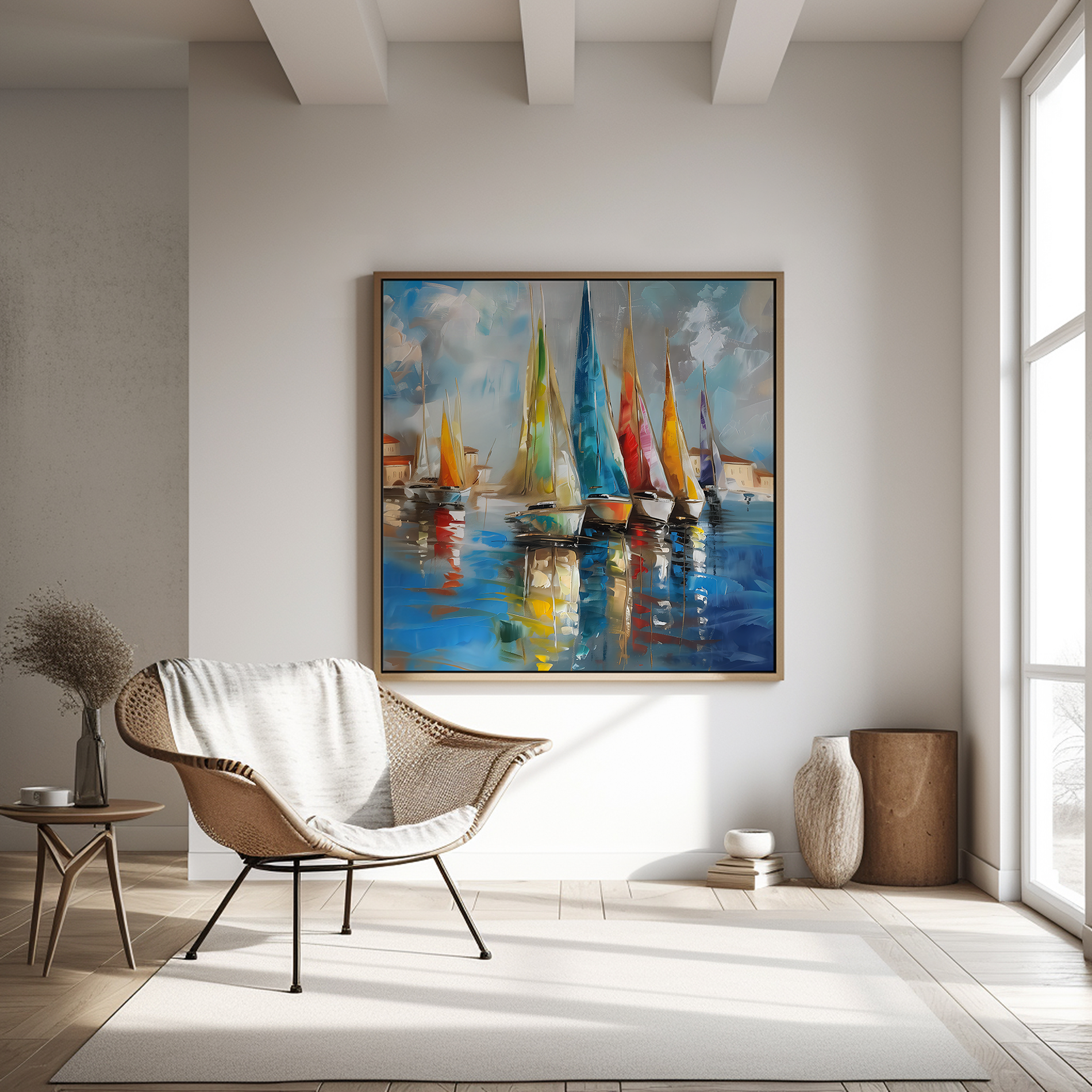 The Golden Fleet: Large Sailboat & Harbor Art | Gold Textured & Vibrant Coastal Decor