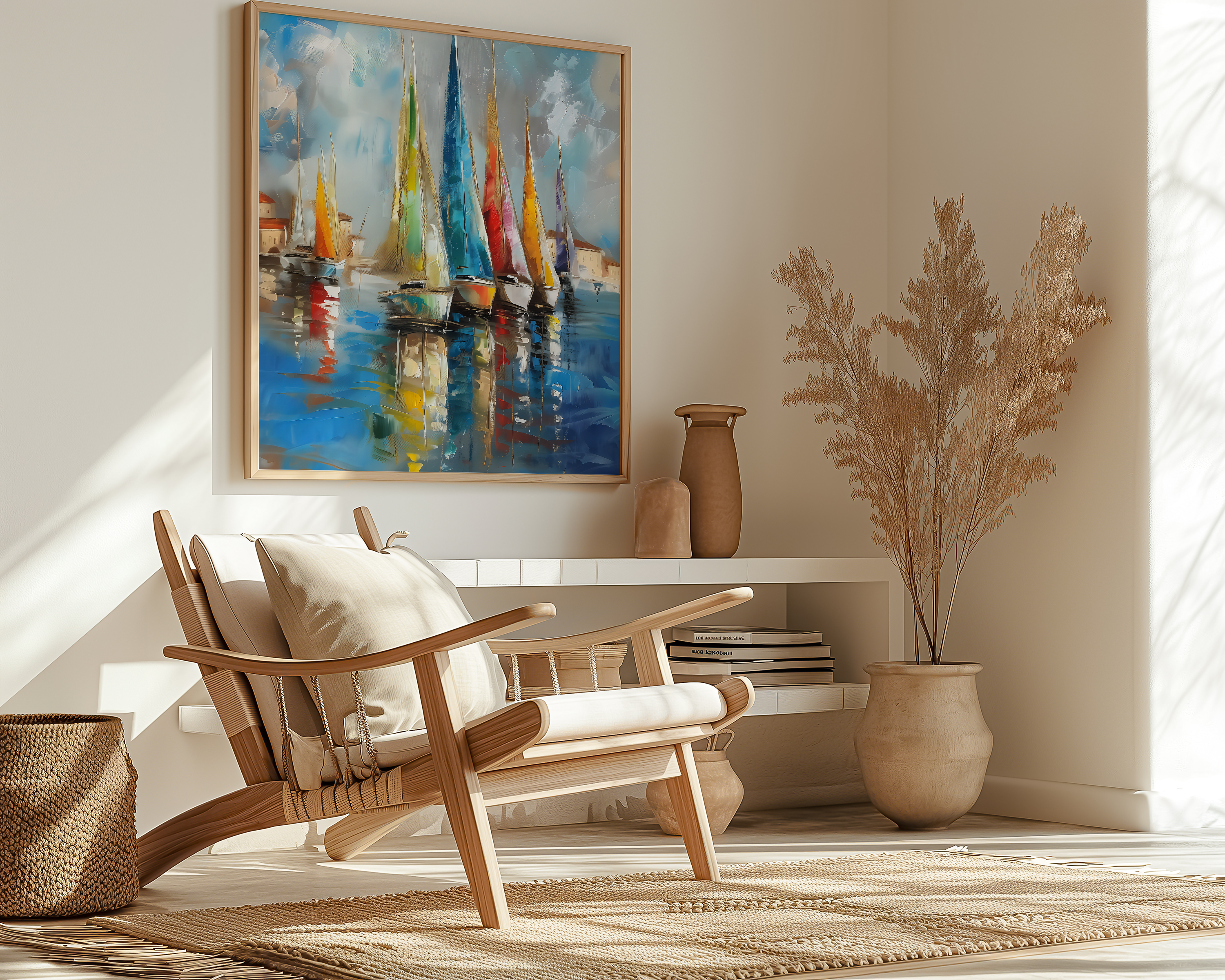 The Golden Fleet: Large Sailboat & Harbor Art | Gold Textured & Vibrant Coastal Decor