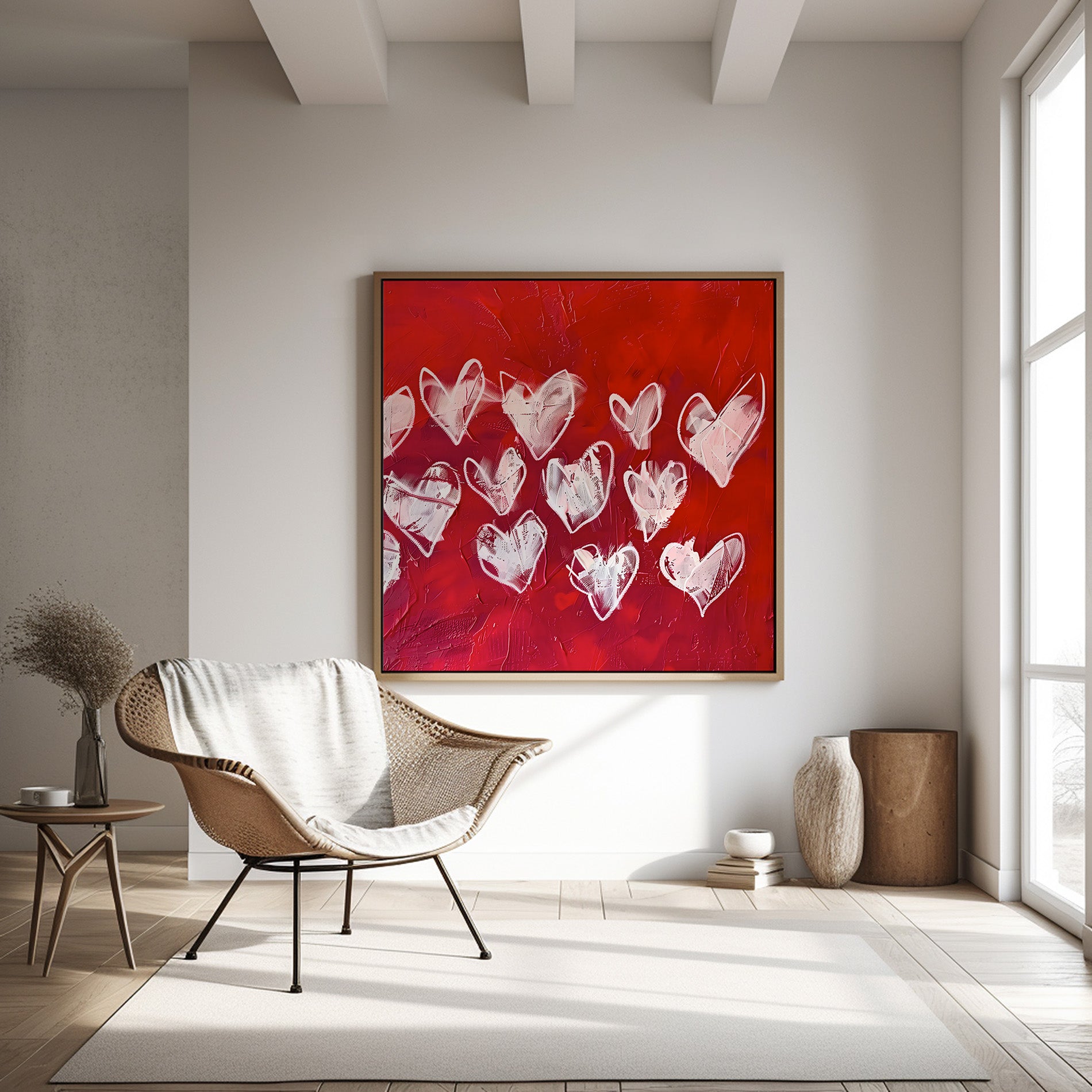 Hearts Ablaze: Expressive White Hearts on Red | Modern, Romantic & Passionate Wall Art