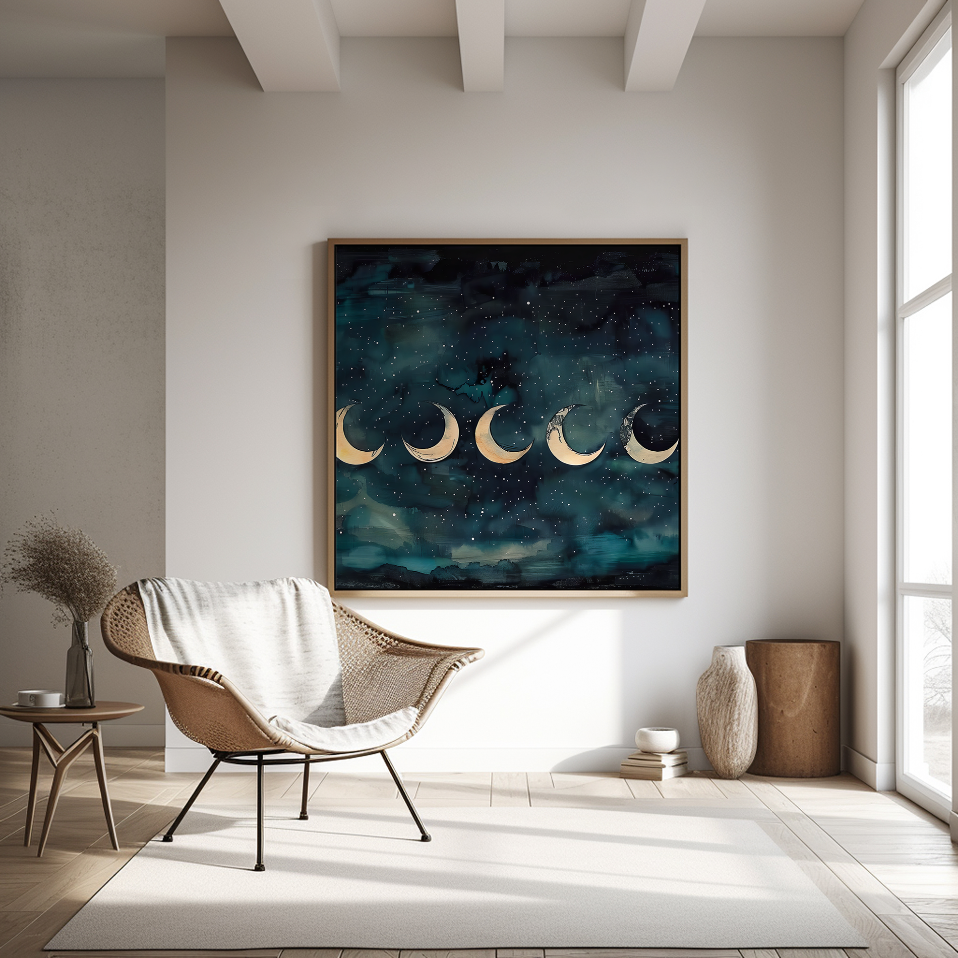 The Eternal Cycle: Watercolor Moon Phases on Starry Night | Celestial & Serene Wall Art
