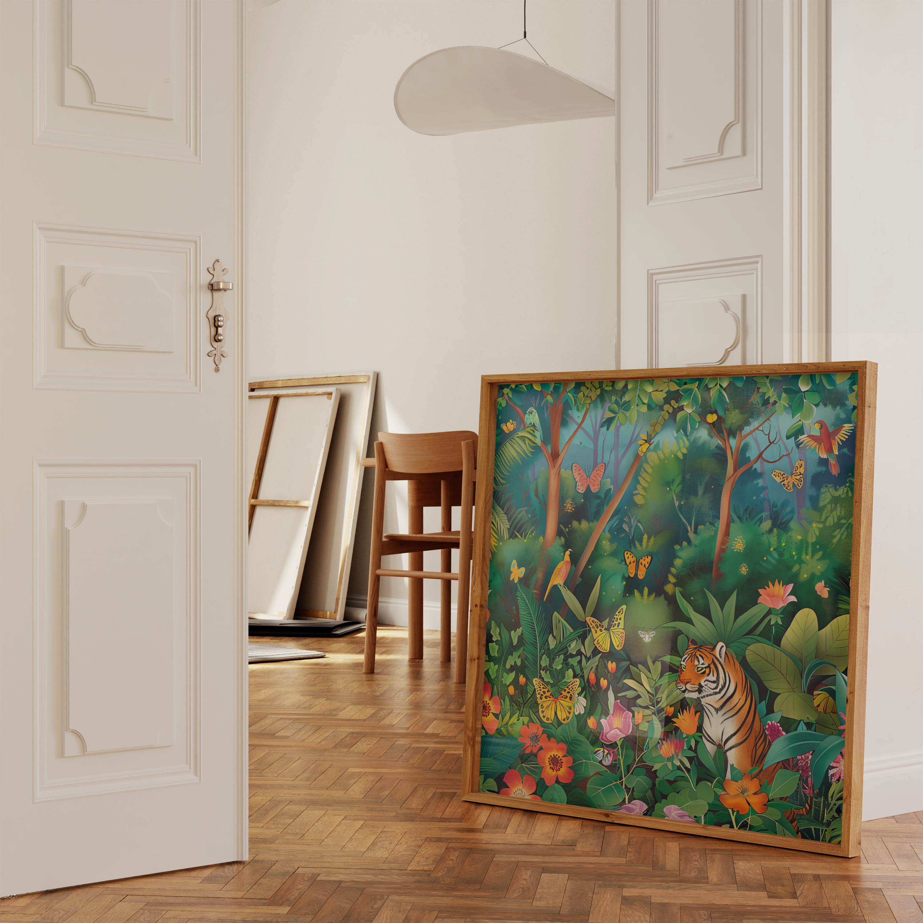 Jungle Majesty: Vibrant Bengal Tiger with Flowers & Butterflies | Exotic & Elegant Wall Art