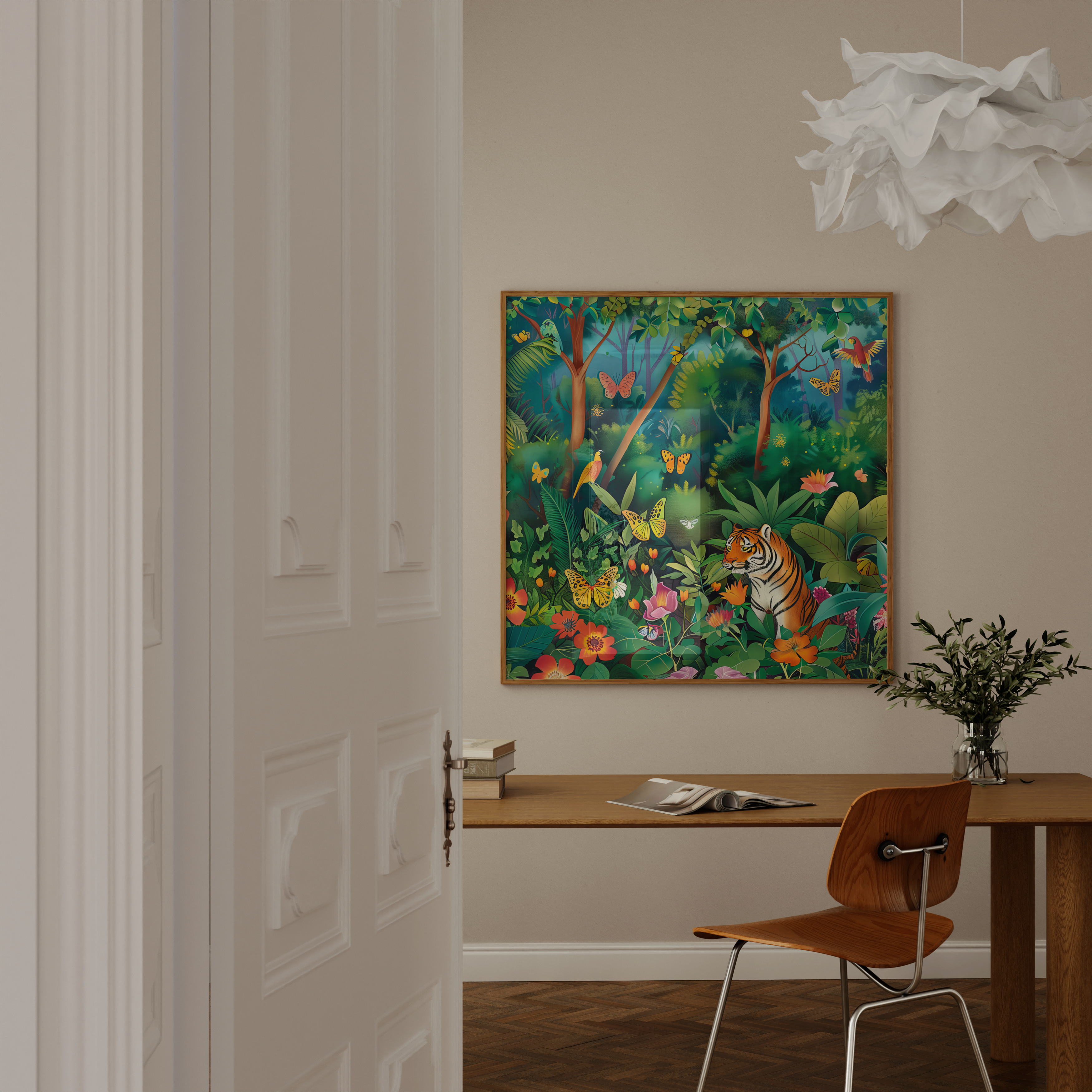 Jungle Majesty: Vibrant Bengal Tiger with Flowers & Butterflies | Exotic & Elegant Wall Art