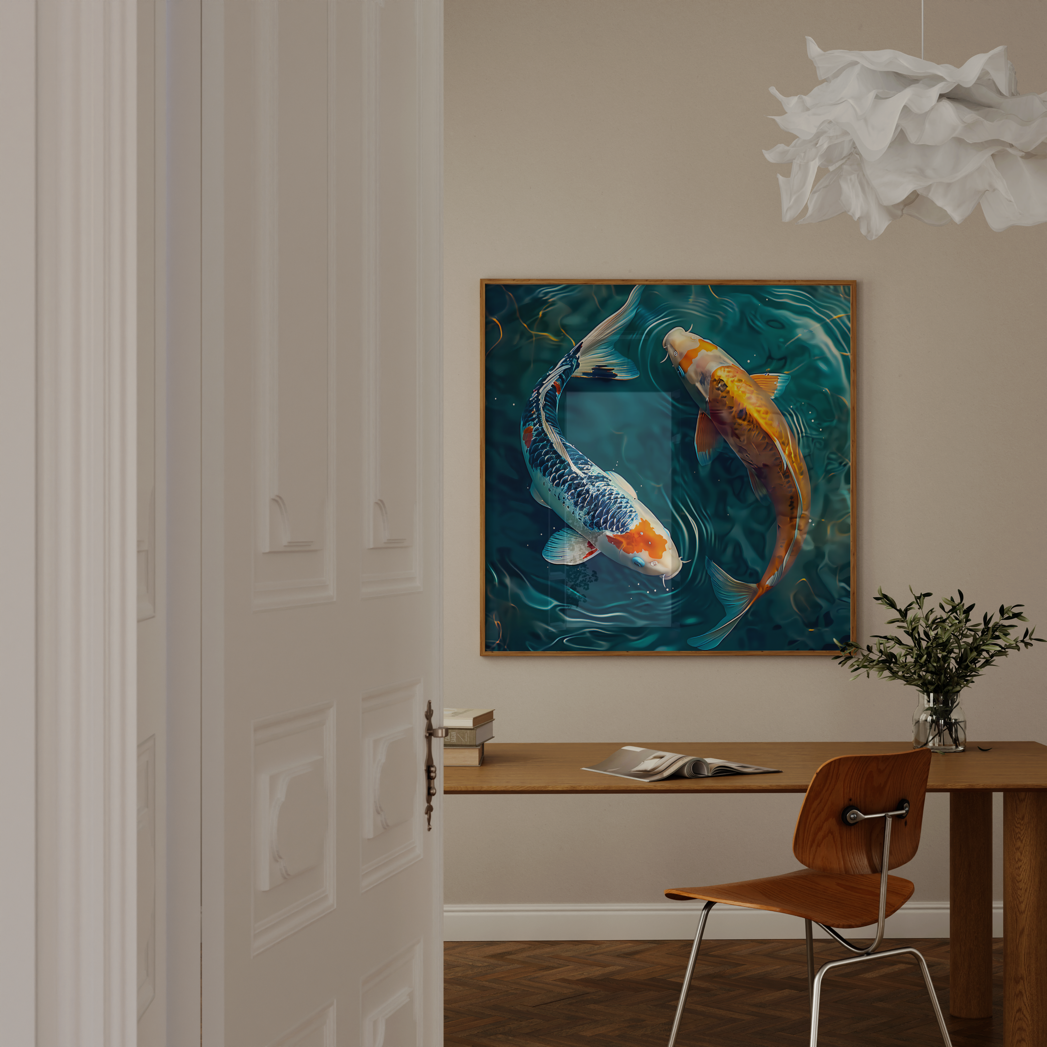 The Yin & Yang: Two Koi Fish in Rippling Pond | Serene & Elegant Japanese Inspired Art