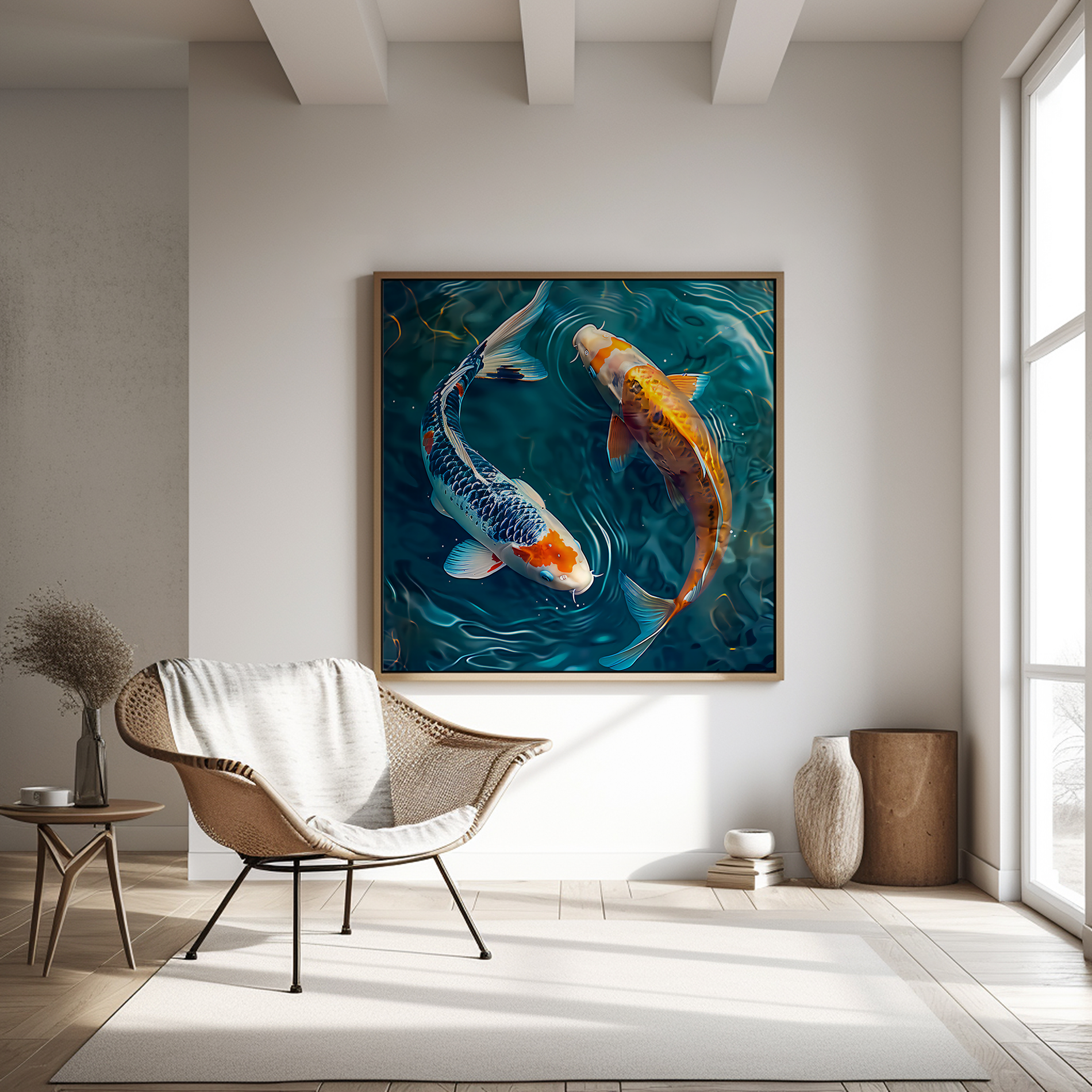 The Yin & Yang: Two Koi Fish in Rippling Pond | Serene & Elegant Japanese Inspired Art