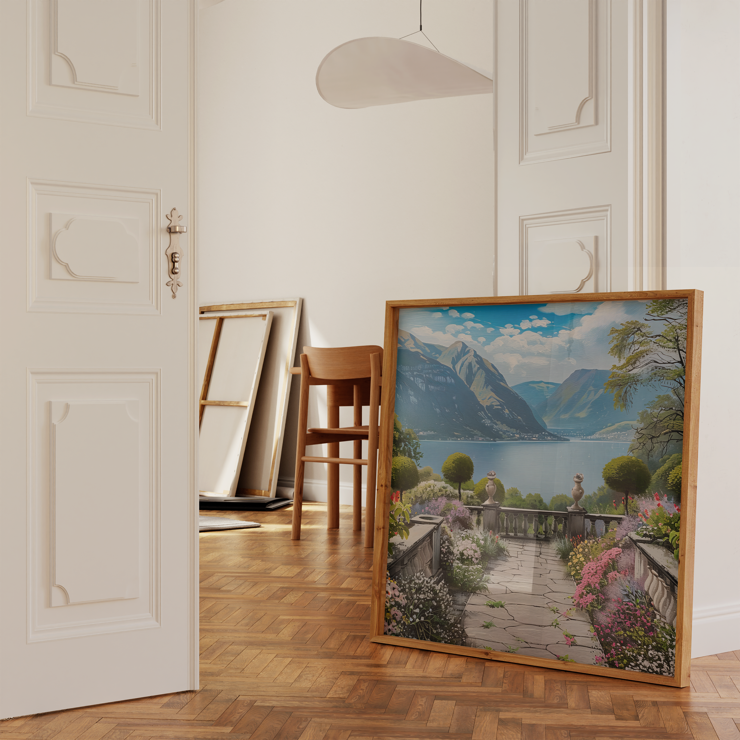 The Walled Garden: Tranquil Lake & Mountain Vista | Serene & Idyllic Landscape Art