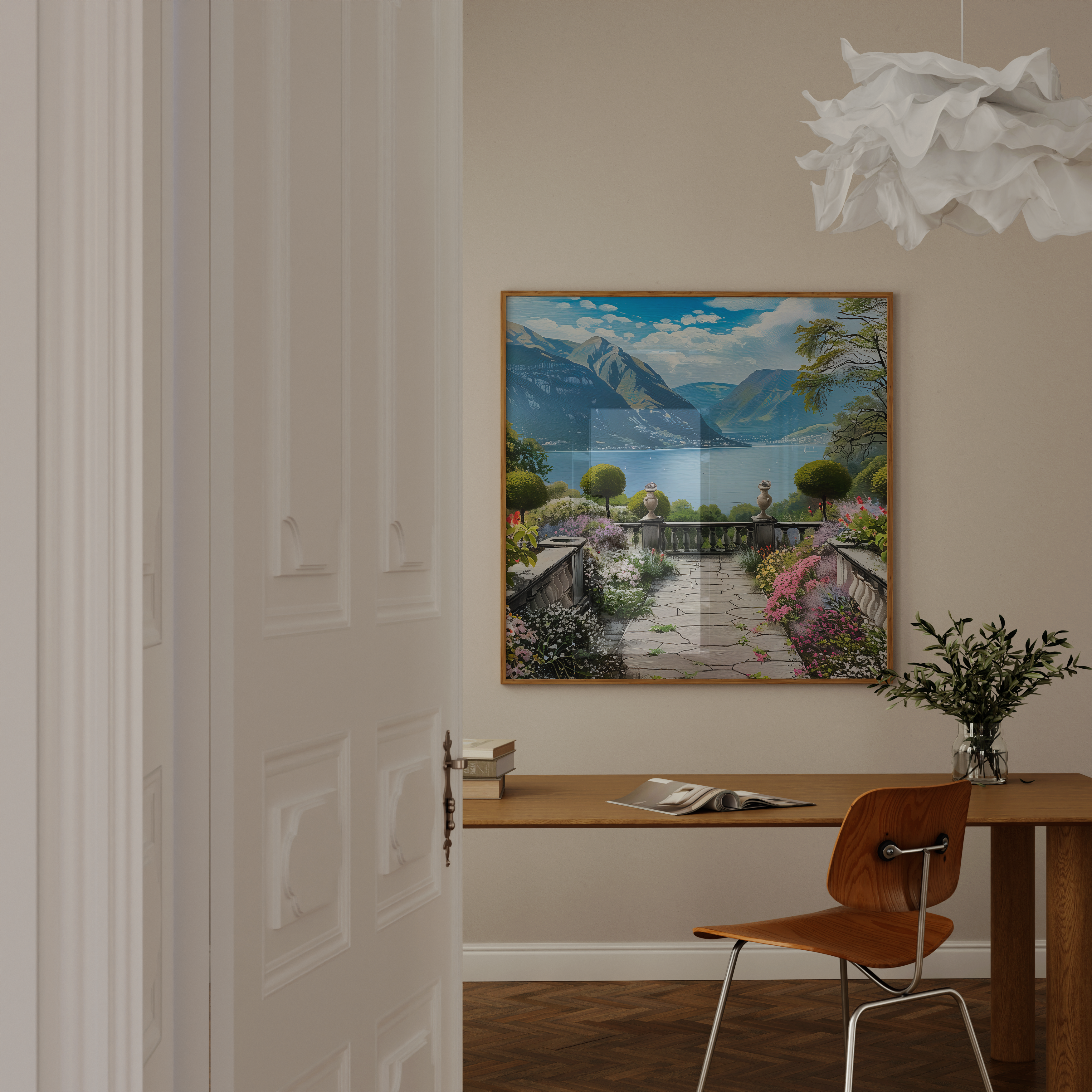 The Walled Garden: Tranquil Lake & Mountain Vista | Serene & Idyllic Landscape Art