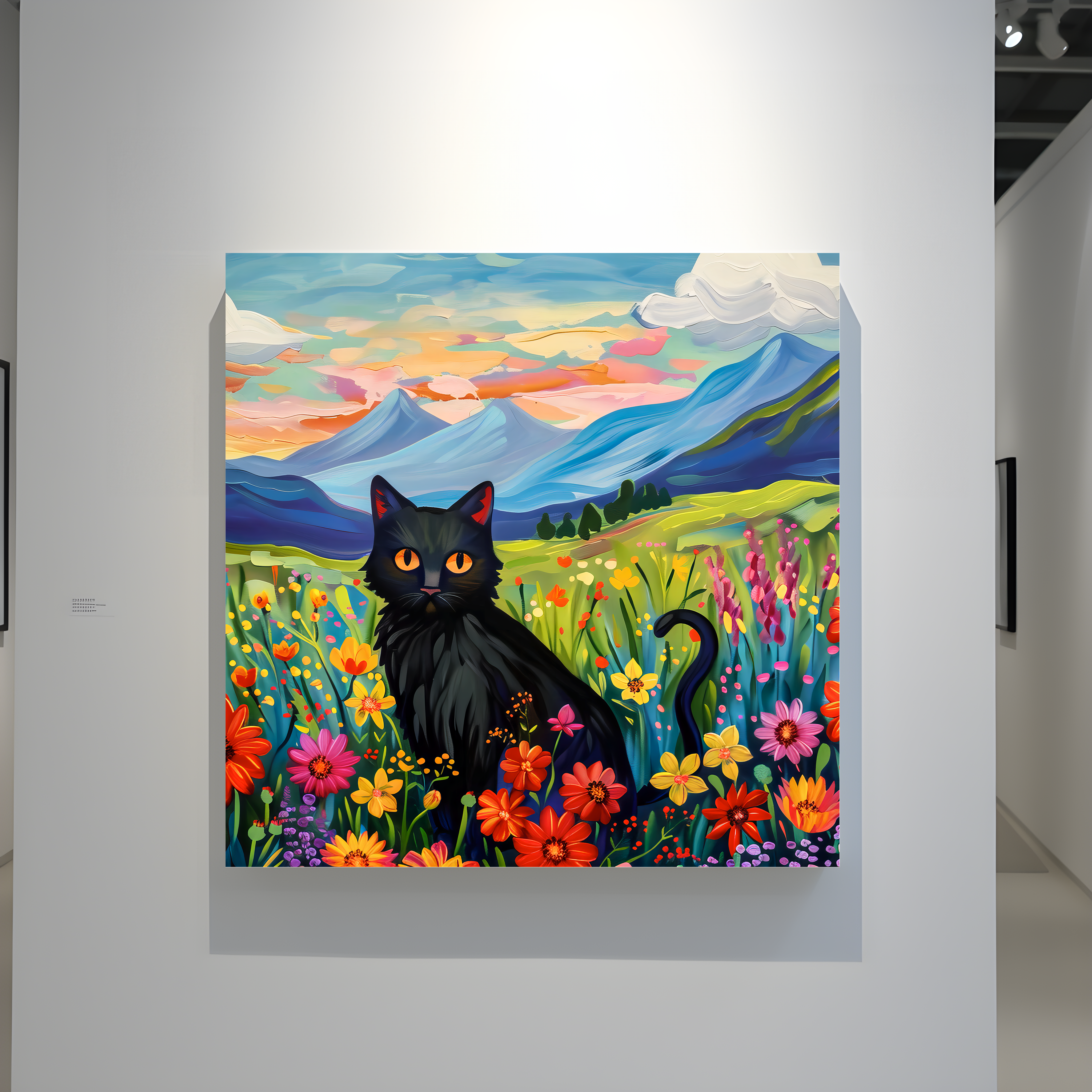 The Sunset Familiar: Black Cat in Wildflower Field at Sunset | Impressionist Mountain Landscape