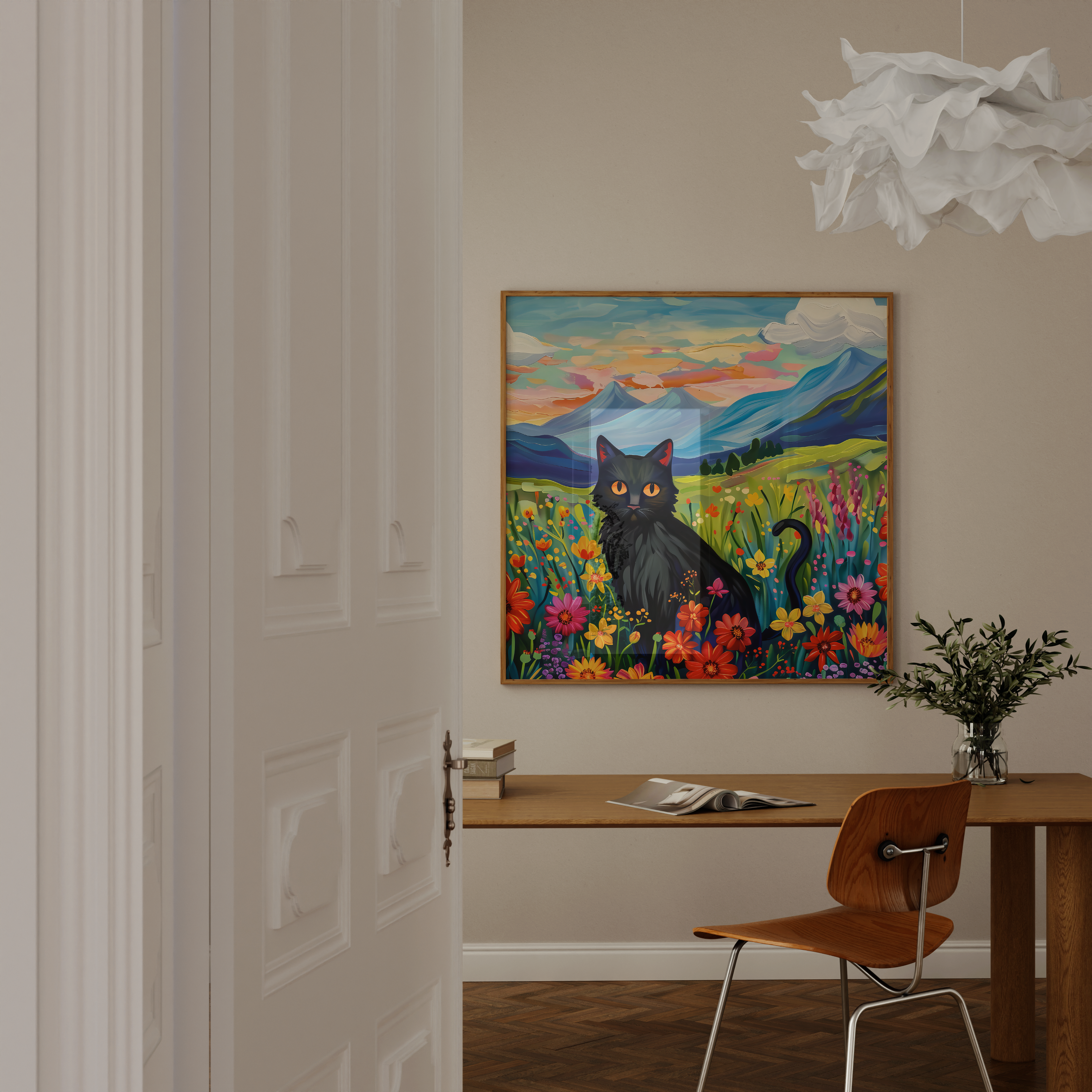 The Sunset Familiar: Black Cat in Wildflower Field at Sunset | Impressionist Mountain Landscape