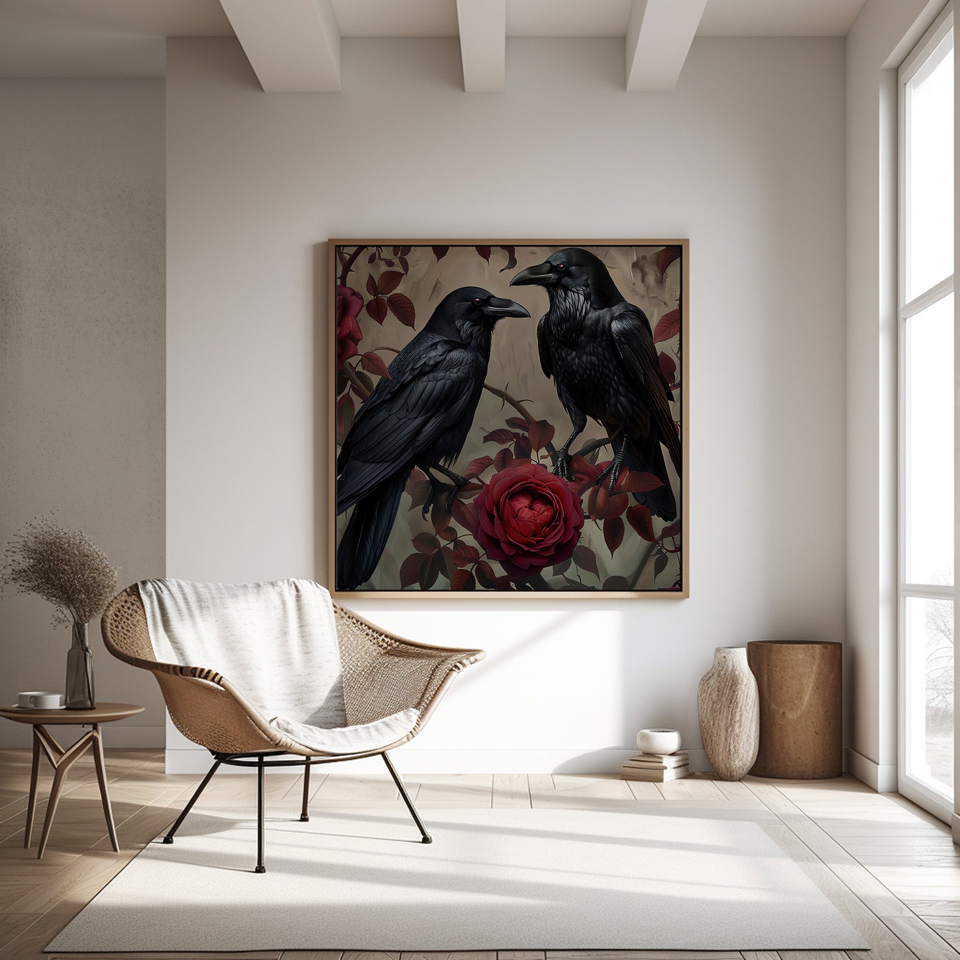 Ravens in Bloom: Dark & Moody Red Rose and Raven Art | Gothic & Elegant Wall Decor